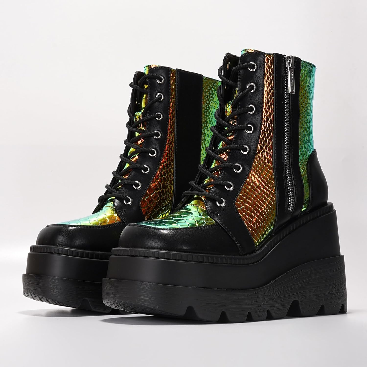 Cape Robbin Holographic Platform Ankle Boots for Women Chunky Block Heels Pointed Toe PU Leather with Buckle Strap Retro Futuristic Style (Radio) - Image 8