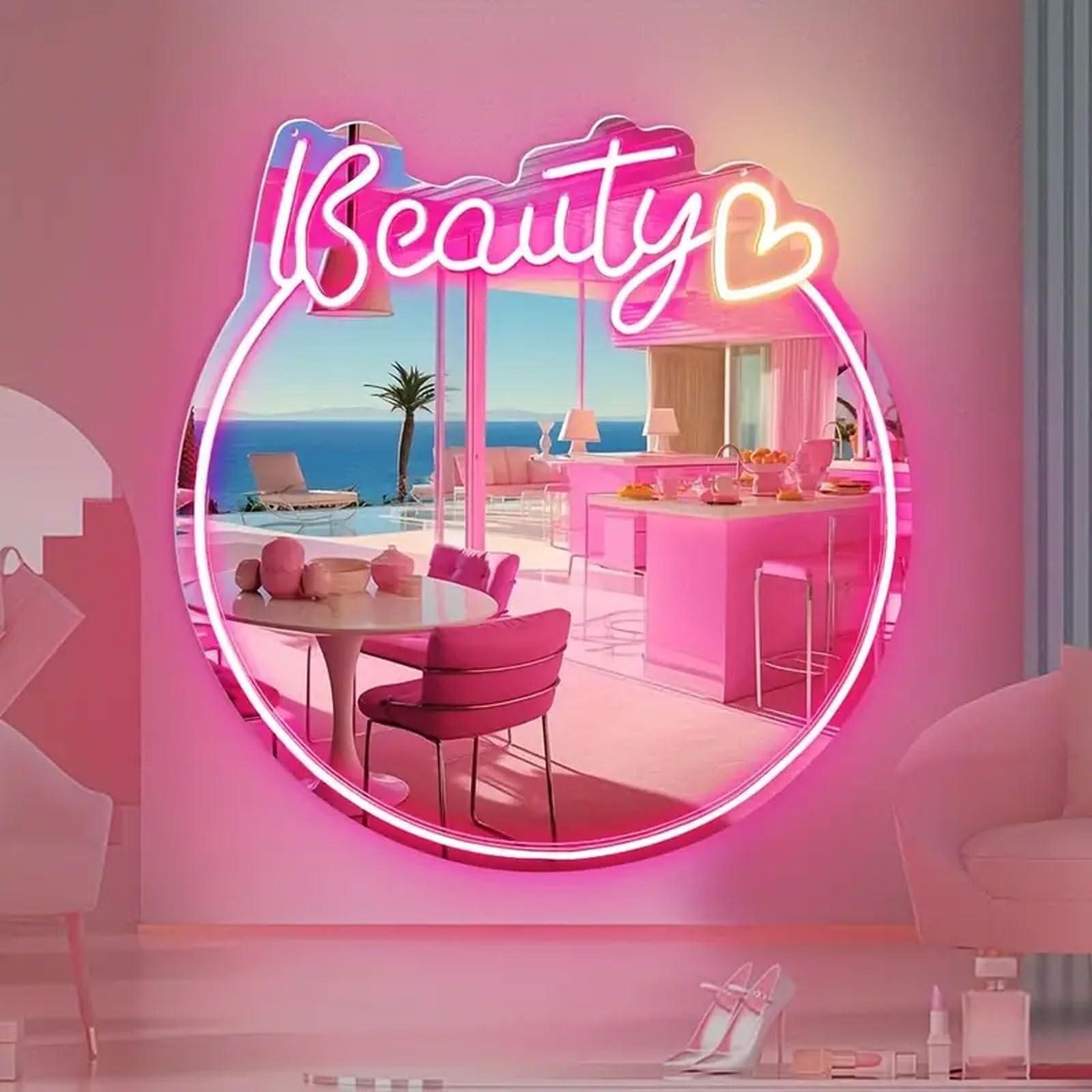 Letrero de neón rosa acrílico LED de luz de neón espejo alimentado por USB para dormitorio, salón de belleza, sala de estar, decoración de habitación de niñas (14 x 13 pulgadas)