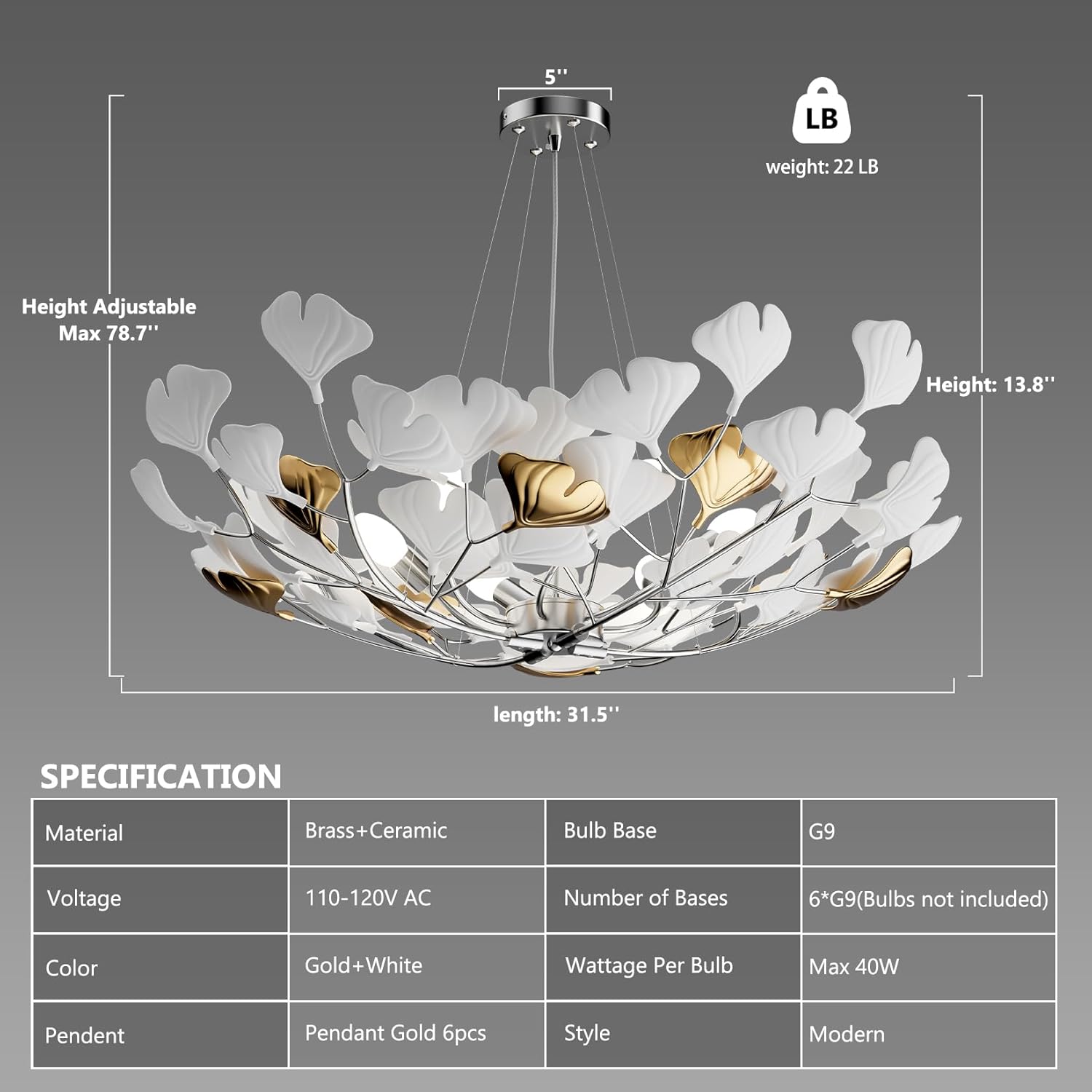 Tree Branch Chandelier Silver Ceramic Ginkgo Leaf Chandeliers 31.5 Inch Brass Chandelier Large Luxury Hanging Lights Fixture for Living Room Dining Room Kitchen Island, 6-Light