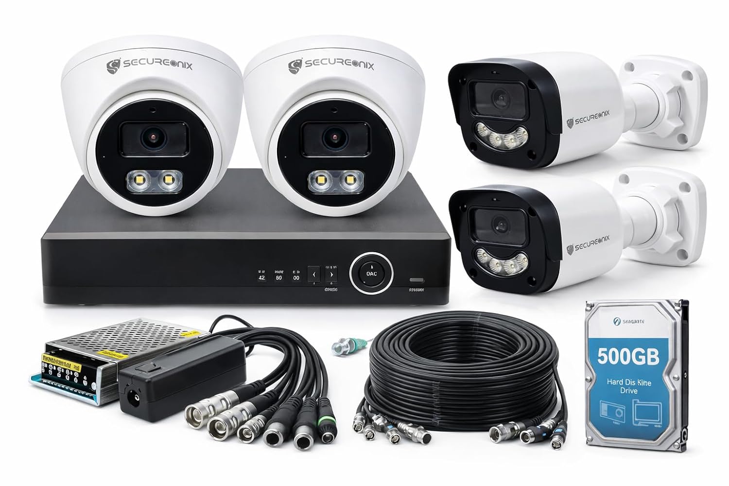 4 Channel CCTV Security Camera Kit – 2 Dome + 2 Bullet Cameras with DVR, 500GB HDD, SMPS, 90m Cable & Complete Installation Accessories