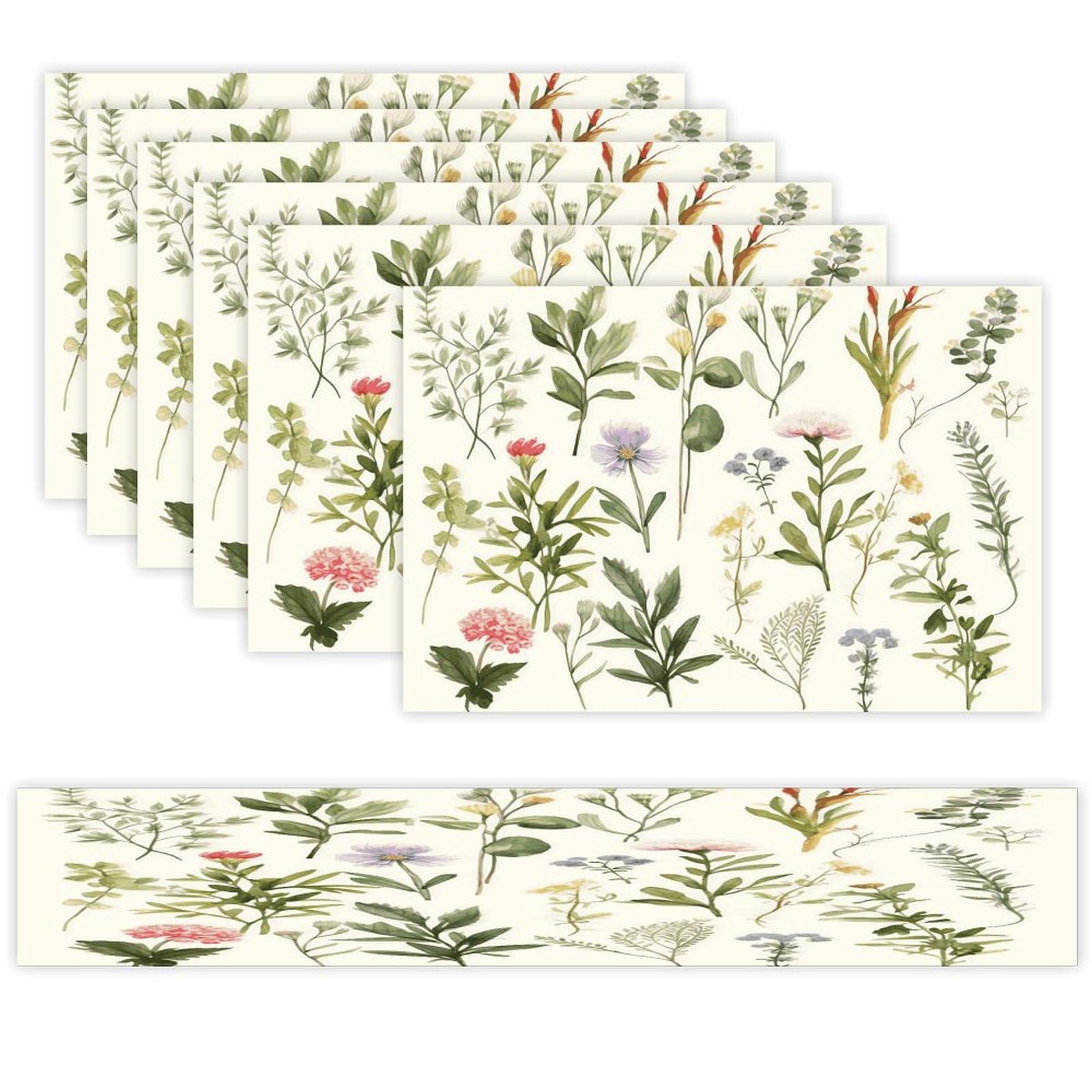 Season Watercolors of Herbs Flowersb Table Runner and Placemats Set of 6 for Kitchen Washable Table Mats Heat Resistant Place Mats Non-Slip Place Mat Wipeable Placemat(6 Placemats+1 Table Runner)