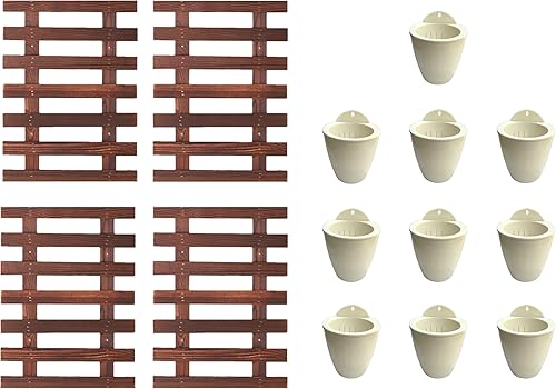 LalaGreen - Paquete de maceta de 5 pulgadas + 4 soportes de madera para plantas, maceta de riego automático blanca, macetas colgantes de pared para