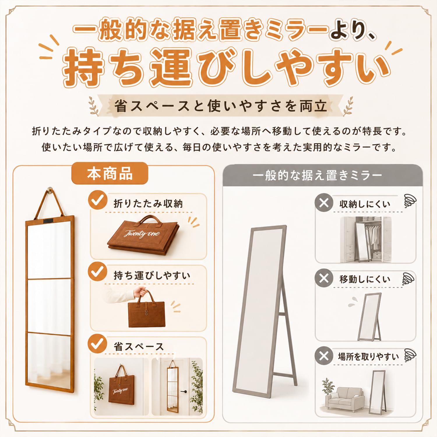 unico ADDAY(アディ) ミラー 全身鏡 オイルメンテナンスクリア付 Amazon.co.jp: ドア掛けミラー 全身鏡 割れ 三つ折り 折りたたみ 姿見