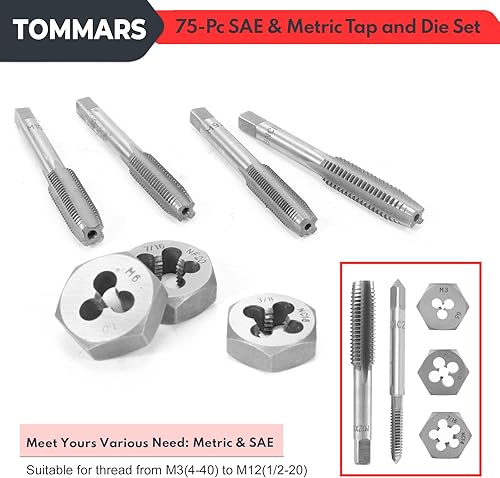 Miniatura 5 de TOMMARS Juego de 75 piezas de tarjas y machuelos, llaves de rosca hexagonal SAE y métrica, tarjas y machuelos de tamaño métrico M3 a M12 y tamaños