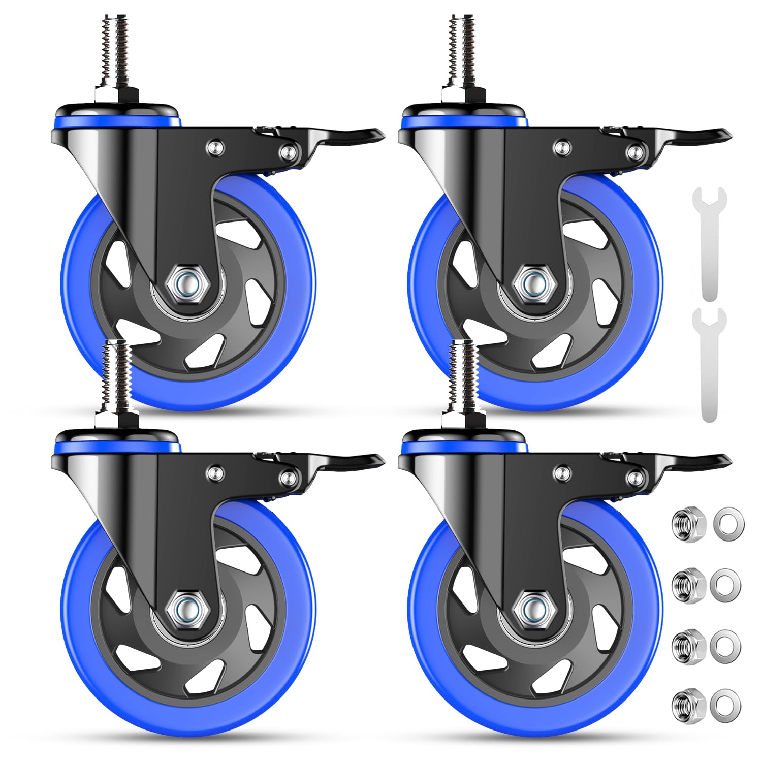 Sohnvwtgd 4 Inch Caster Wheels Heavy Duty Stem Caster 2000Lbs, Threaded Stem Casters 3/8"-16 X 1(Stem Diameter 3/8", Stem Length 1"), Swviel Locking Caster Set Of 4, Industrial Castor Wheels For Cart,Furniture