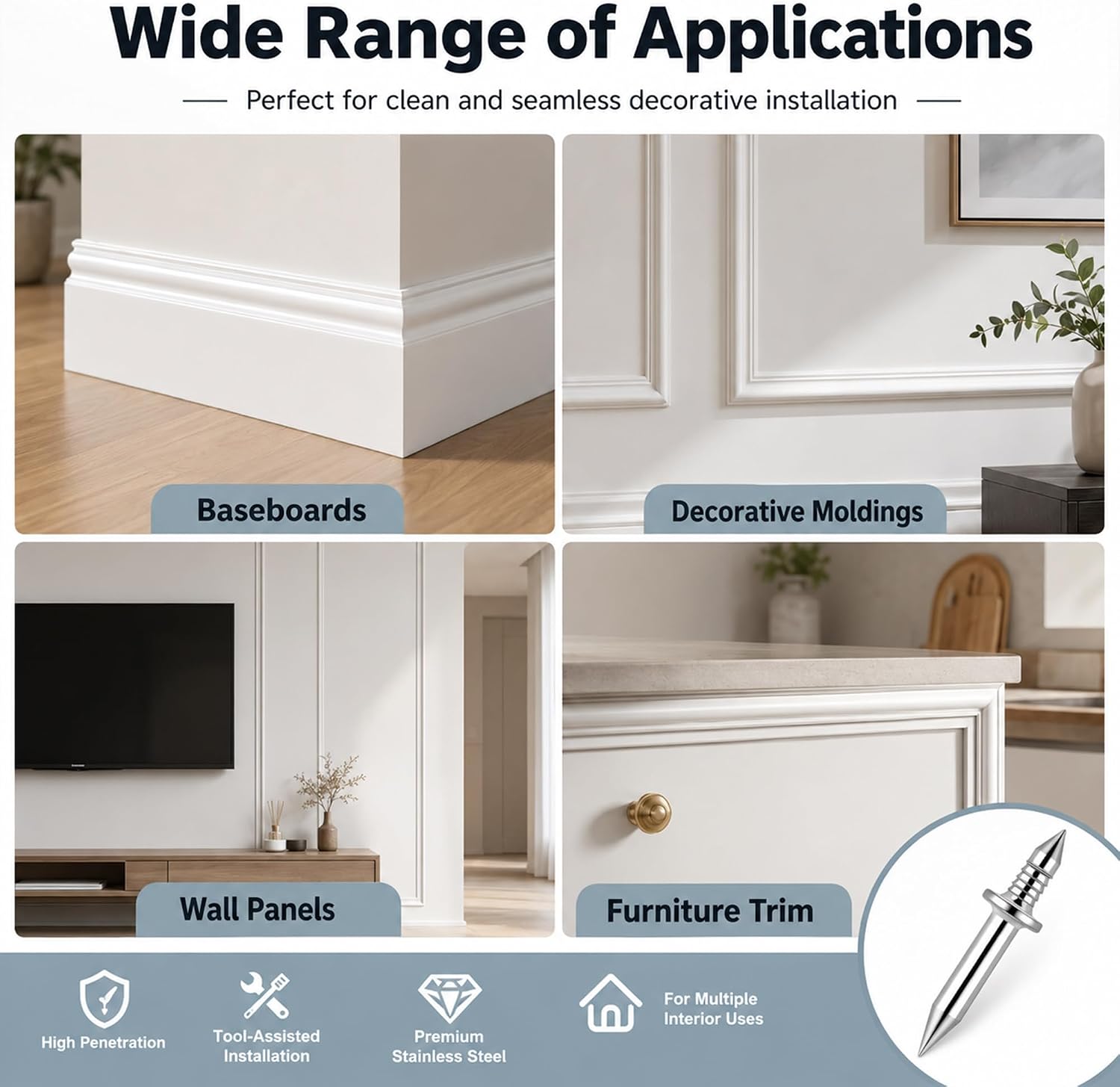 500-Pack Invisible Double-Ended Nails, Mark-Free Fixing Screws for Installing Solid Wood Baseboards, Decorative Moldings, and Wall Panels, Double-Sided Fixing Design for Seamless Installation.