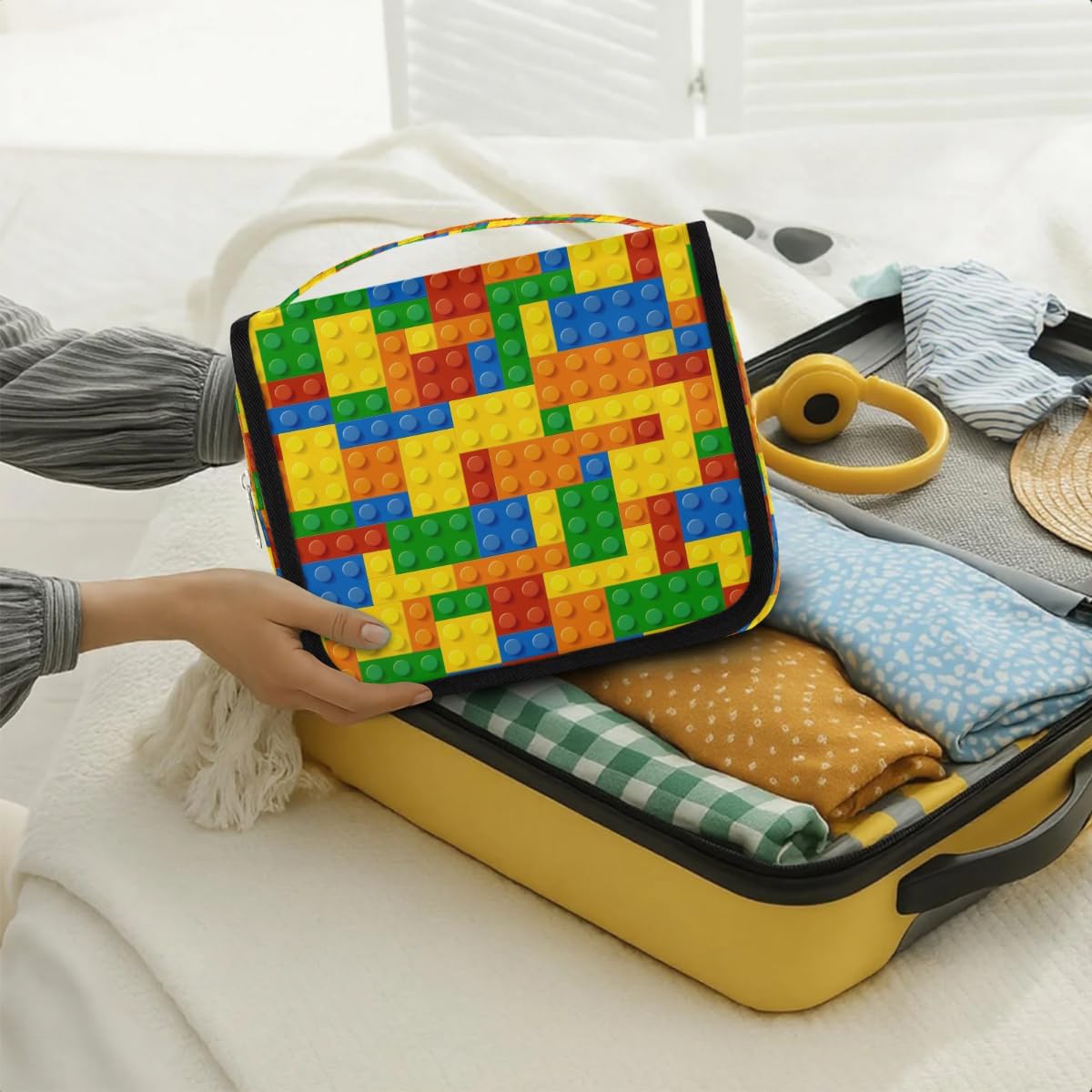 AUUXVA Kids Hanging Toiletry Bag for Boys - Waterproof Travel Cosmetic Organizer Makeup Pouch for Girls Shower Wash Bags with Hanging Hook Toiletries Storage Bag(Colorful Building Blocks) - Image 8