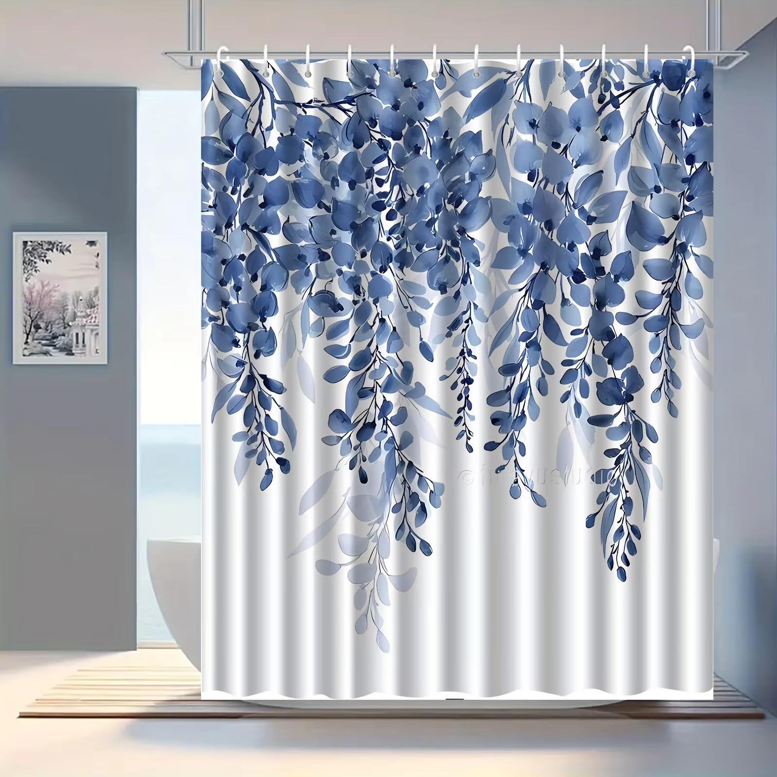 Cortina de Ducha Estampada con diseño de Enredadera de Flores Azules para la decoración del baño del hogar con Ganchos, Tela de poliéster Lavable a máquina (180x240cm (71x94in))