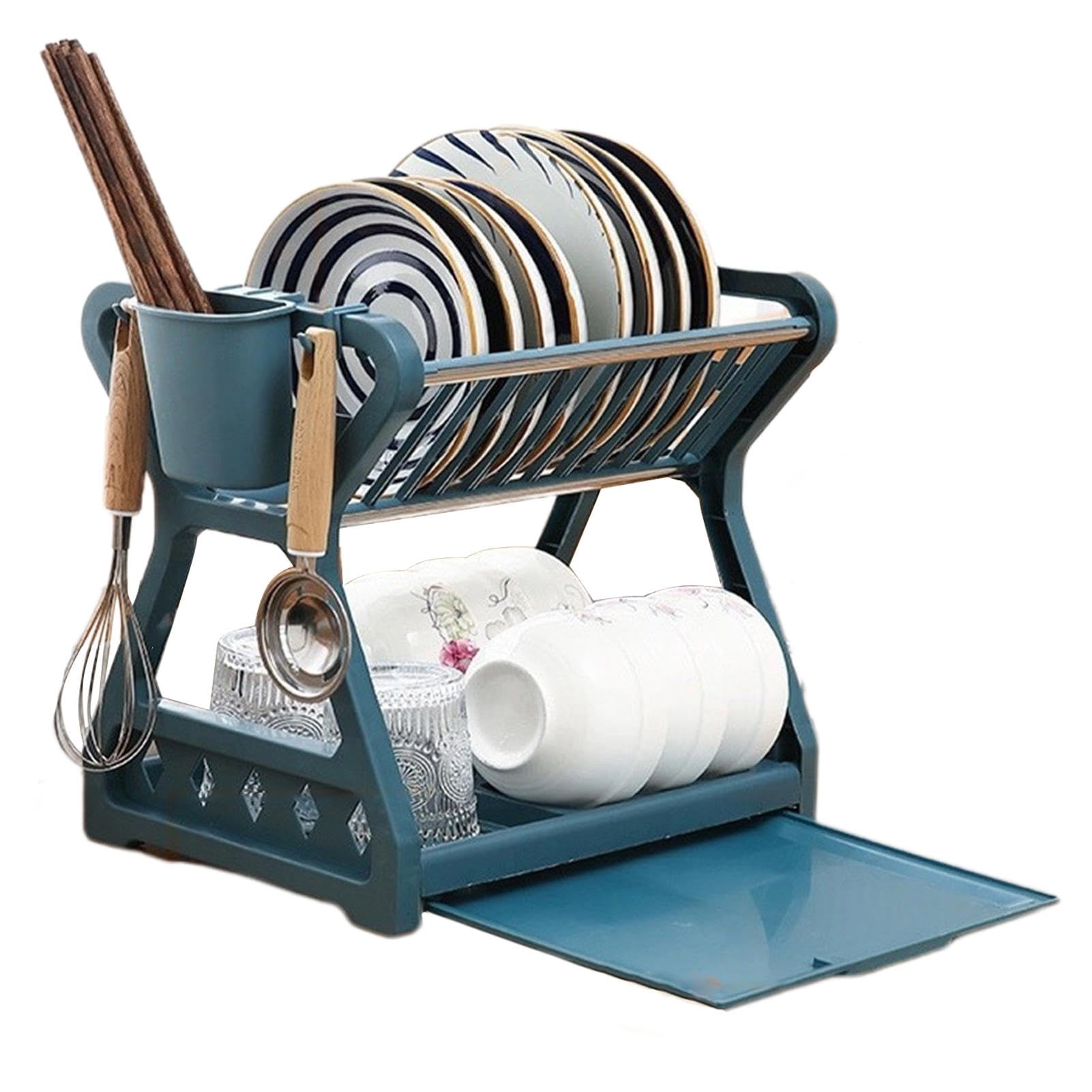 Secador de platos de cocina, escurridor de platos, estante de platos de 2 niveles para encimera | Soporte para utensilios, escurridor de platos con bandeja de goteo extraíble para cuencos y platos