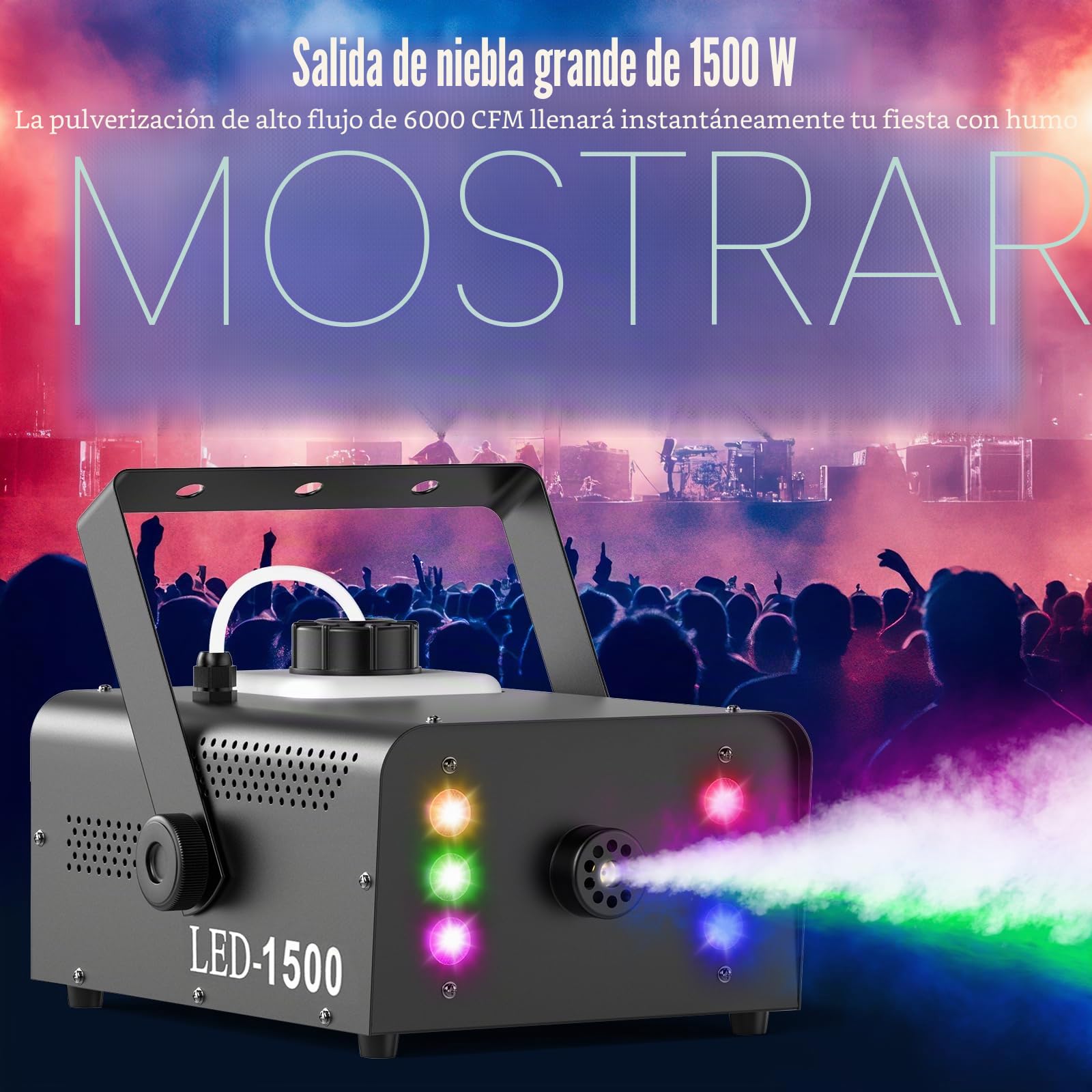 Máquina de Humo para Escenario de 1500W, Máquina de Niebla con 6 LED RGB y Control Remoto Tanque de 1L Proyección de Niebla de 5M Ciclo Automático para Fiesta Halloween Navidad Boda y Club
