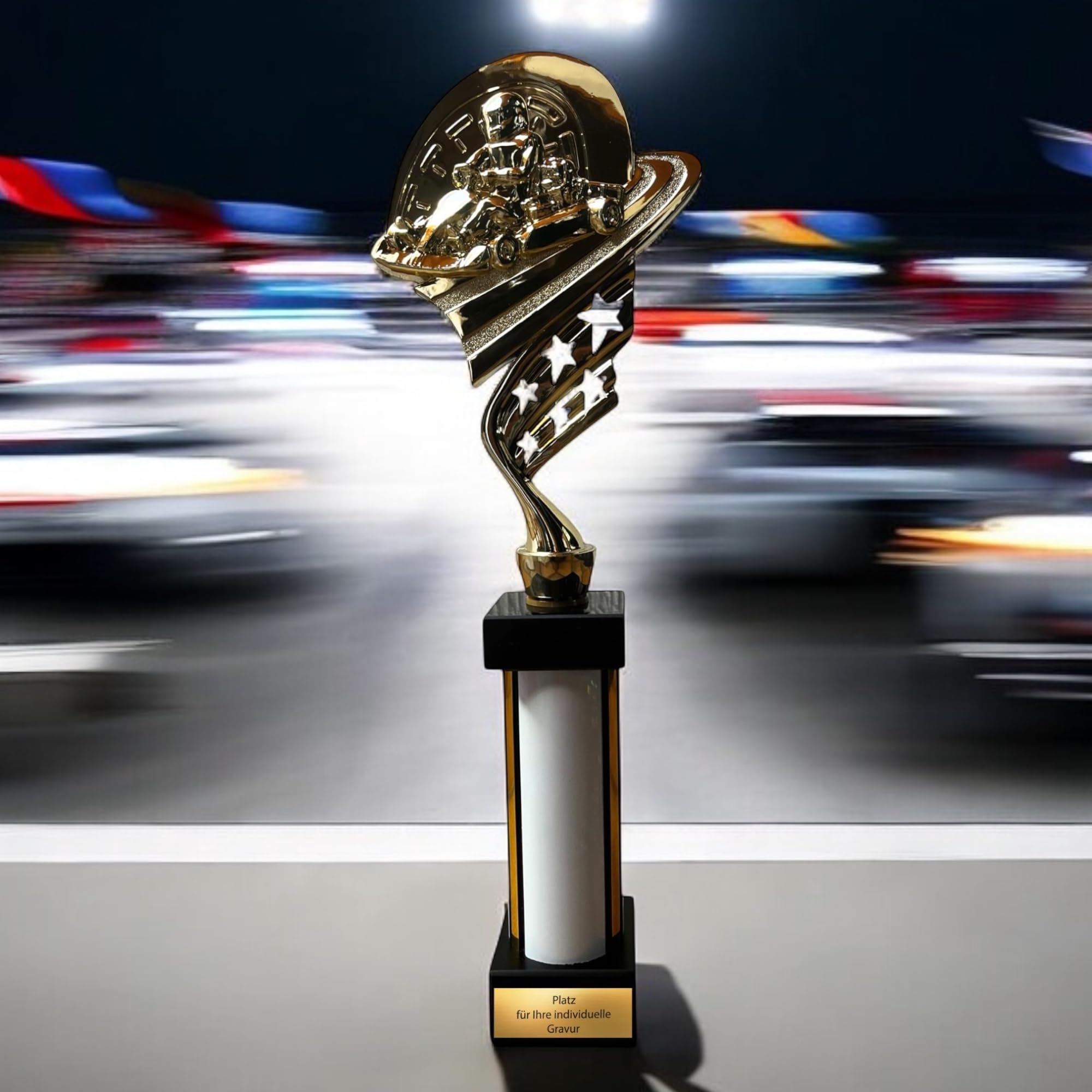 eberix · Go-Kart Motorsport Pokal · mit Wunschgravur · Trophäe mit weißer Glanzsäule · Siegerpokal für Kart-Rennen, Jugendkart, Motorsport-Wettbewerb · personalisierbar ·