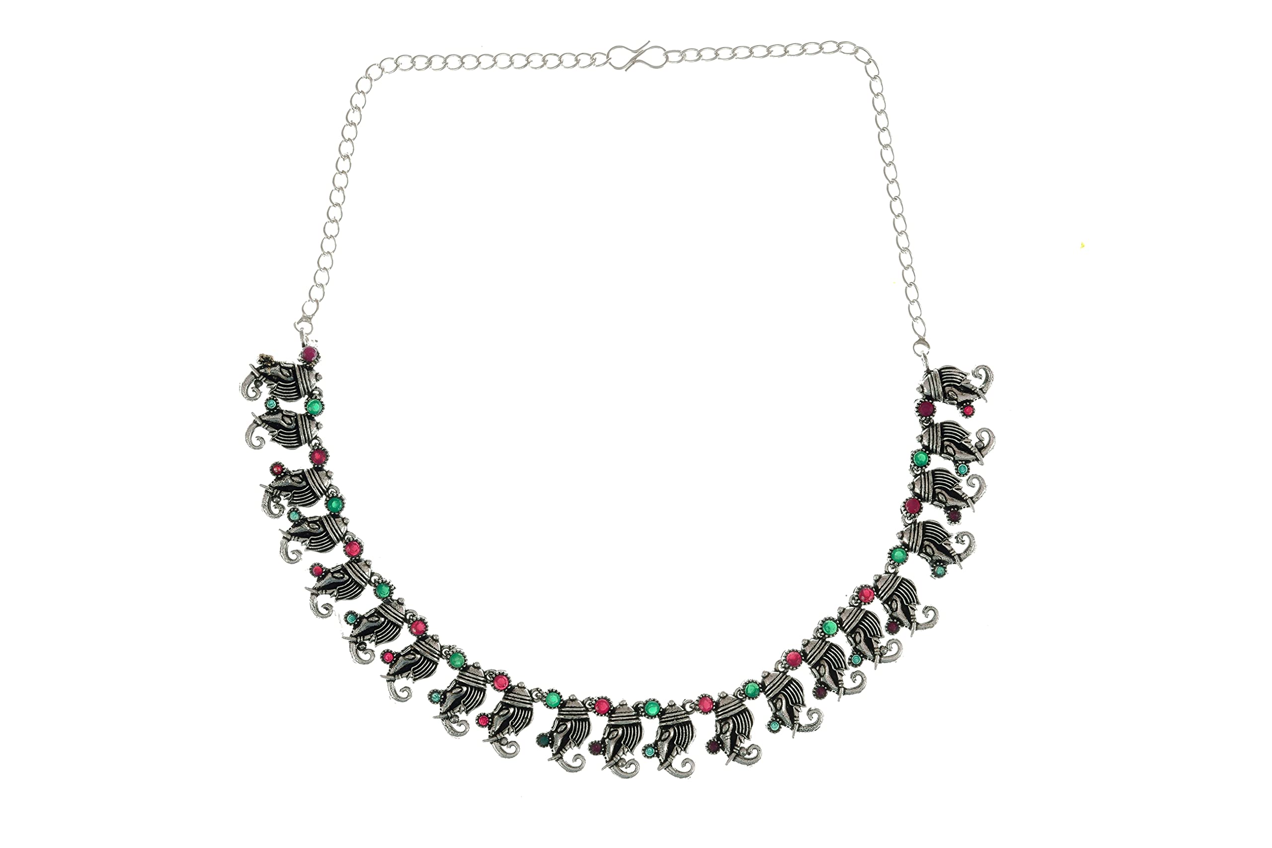 Oxidized Elephant Theme Rakhi Necklace Set Red & Green Stone Earrings