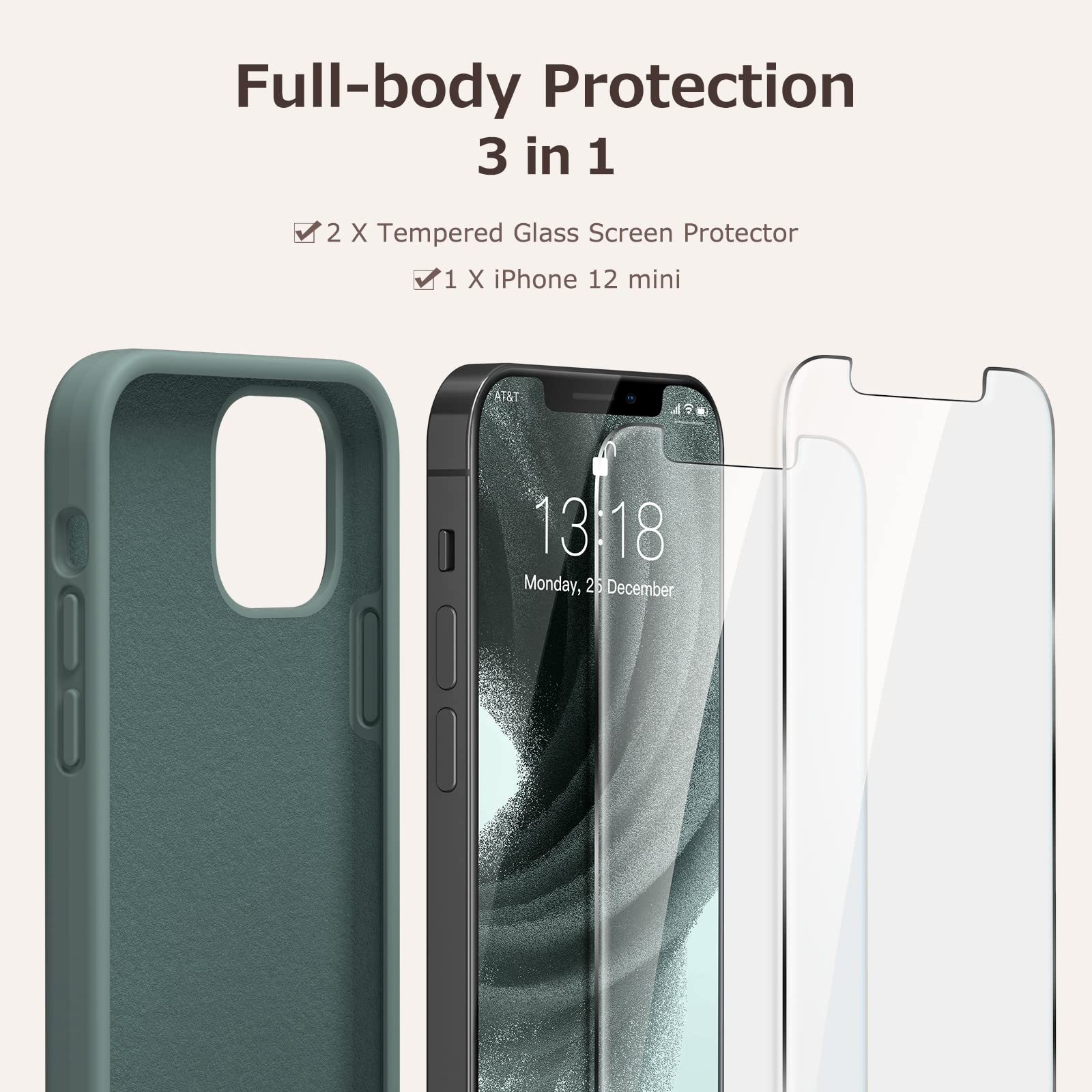 GOODVISH 3 in 1 Cover iPhone 12 Mini Silicone, con 2 Pezzi di Pellicola Protettiva, iPhone 12 Mini Custodia per Cellulare 5,4" con Morbida Microfibra Antiurto, Verde Pino