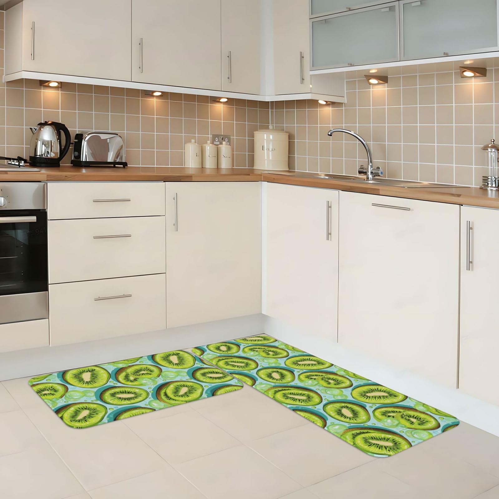 GVYGVY Antifatigue Kitchen Mats for Floor 2 Piece - Kiwi Bubble Print Kitchen Rugs Washable, Non Slip Runner Rug Standing Mat for Office/Bathroom/Laundry/Home Decor and Accessories
