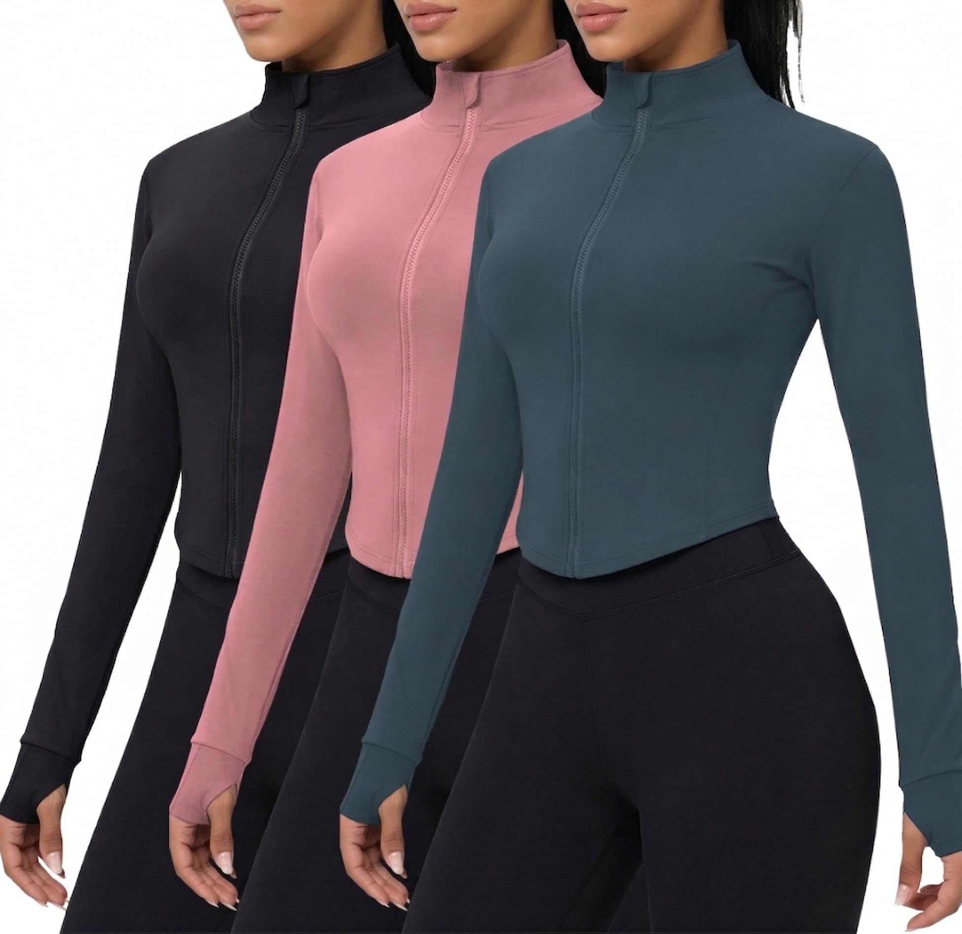 Dalavch 3 Pack Womens Cropped Full Zip up Workout Jacket Slim Fit Running Athletic Gym Yoga Sports Jacket with Thumb Holes