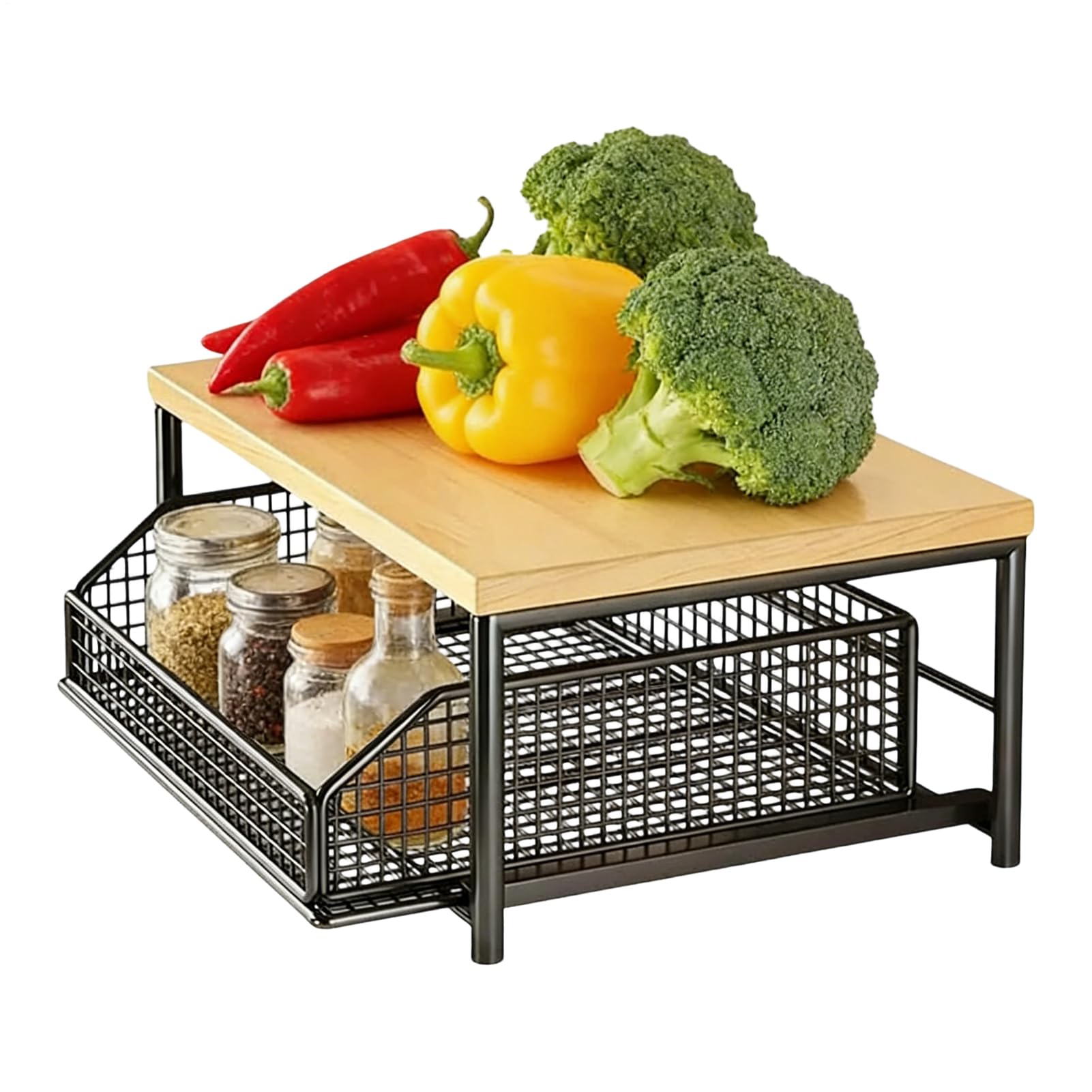 Estante para verduras de cocina - Organizador de almacenamiento para encimera, soporte para ollas para microondas | Estante de dos niveles con cajones para despensa, baño, garaje, ducha, bar, apartame