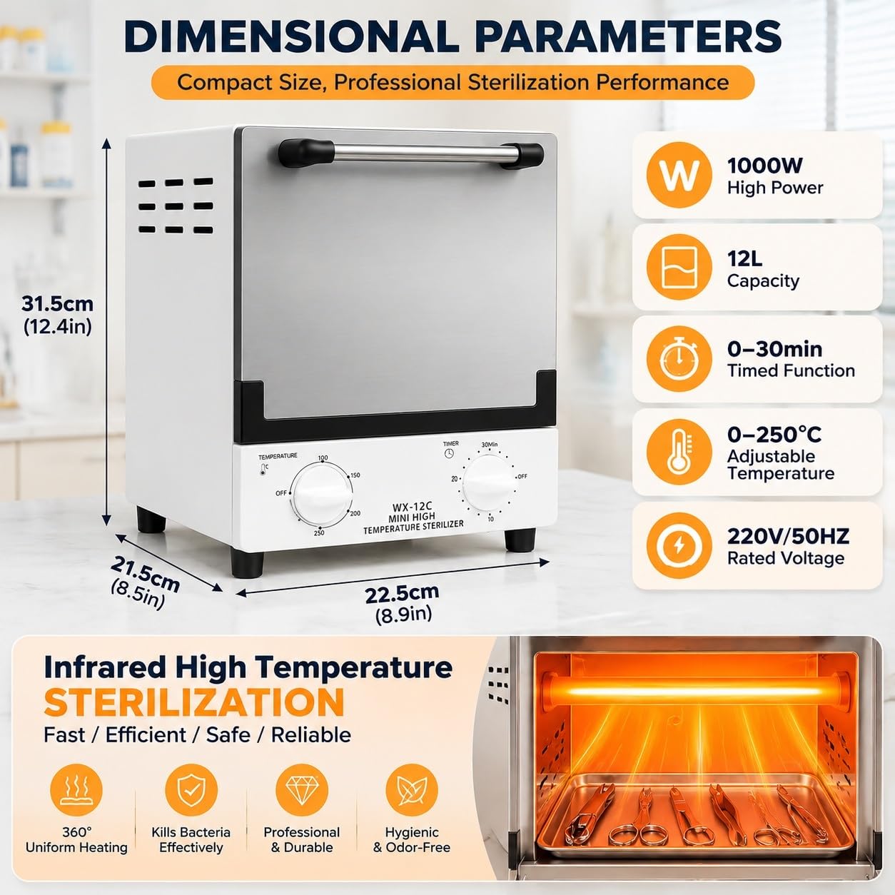 Heißluftsterilisator 12 L, Professioneller Trockensterilisator, Instrumentensterilisator 1000 W mit Doppelkammer, Temperaturregelung 0–250 °C & 0–30 Min Timer, Desinfektionsgerät für Instrumente
