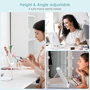 7.8" x 6.1" Rechargeable Travel Makeup Mirror with Lights and Magnification 10X, Foldable Stand with Adjustable Height & Angle, 3 Light Colors LED Lighted Vanity Mirror (White)