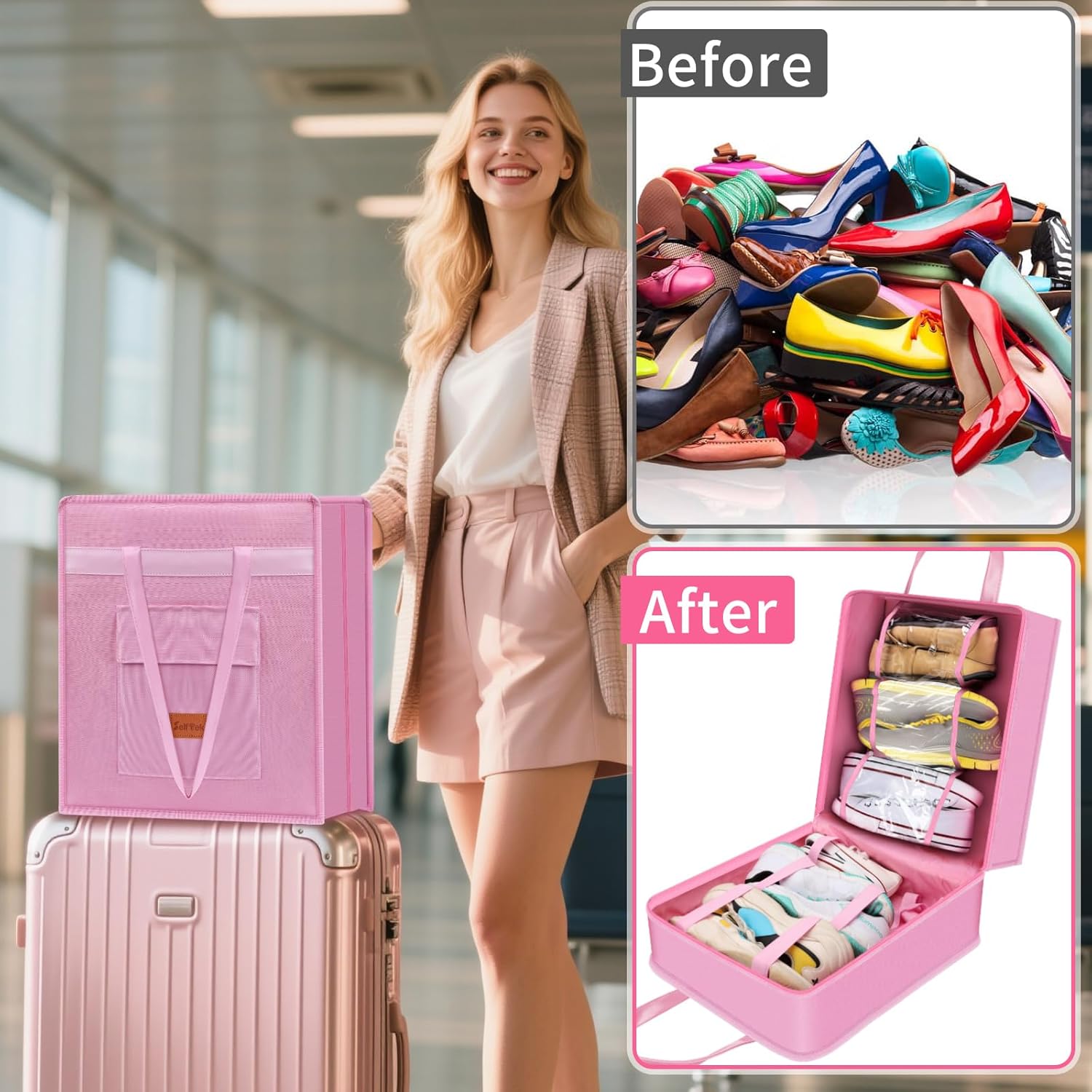 SelfTek Shoe Bags for Travel with Handle, Waterproof Large-Capacity Family Travel Shoe Bag Organizer for Multiple Shoes, Shoe Travel Bags for Packing, Suitable for Luggage Handle (pink) - Image 3