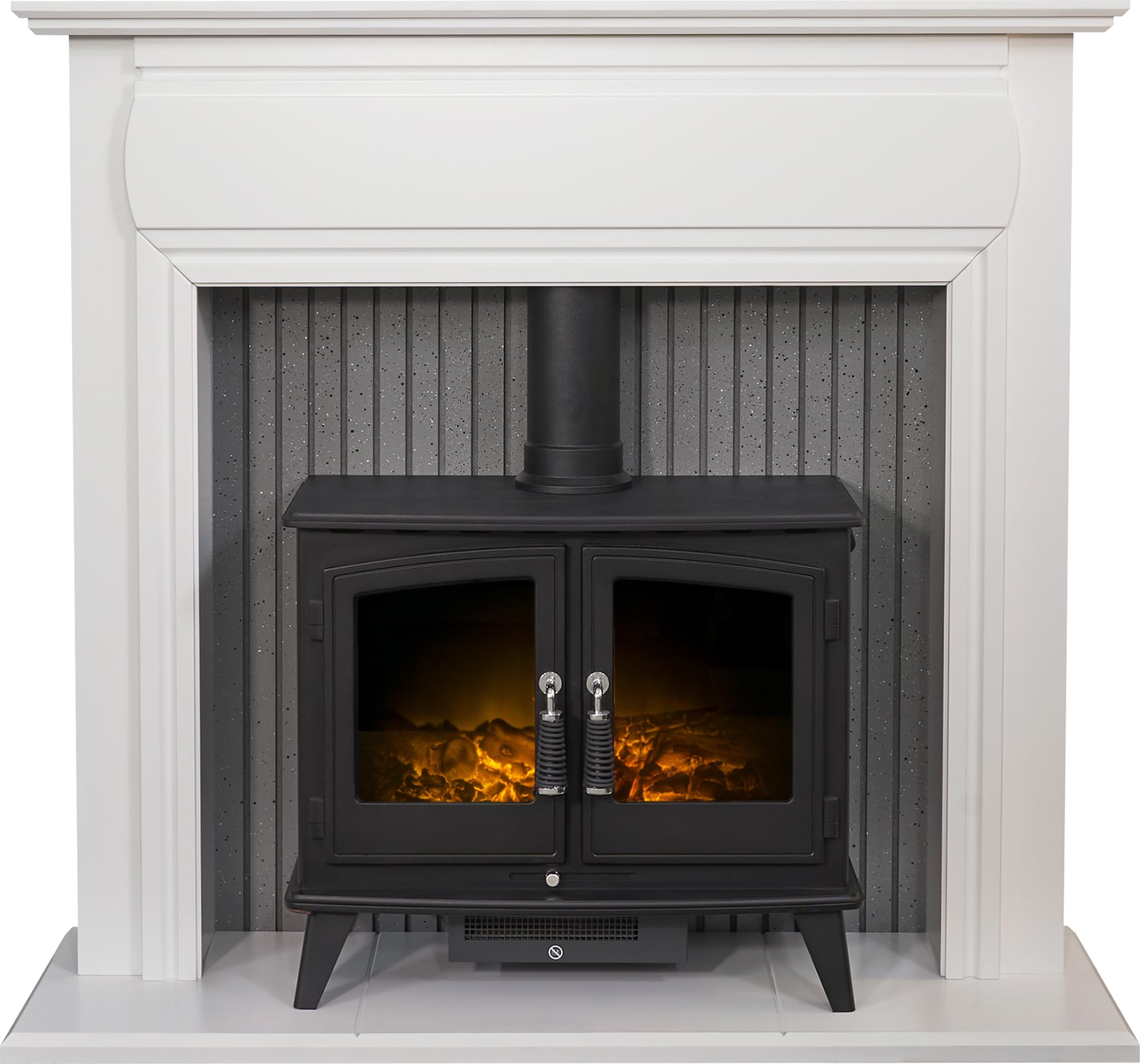 Adam Florence Stove Fireplace in Pure White with Woodhouse Electric Stove in Black, 48 Inch
