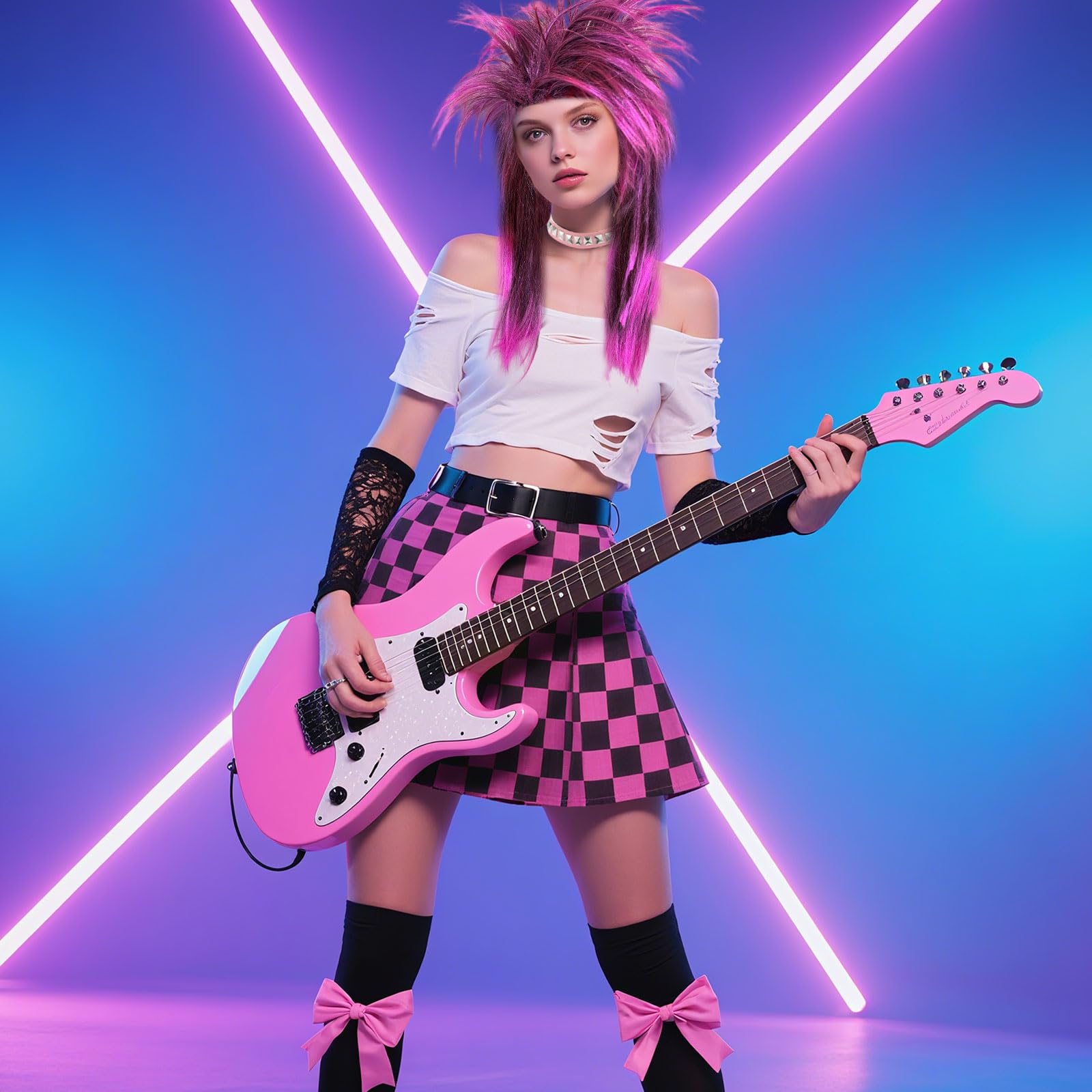 SAIIURV Hot Pink Punk Wig Set for Adult Long Straight 70s 80s Mullet Rocker Wig With Pink Choker for Men Women Rock Star Hippie Costume Accessories for Fancy Dress Party Festival (Pink) - Image 4