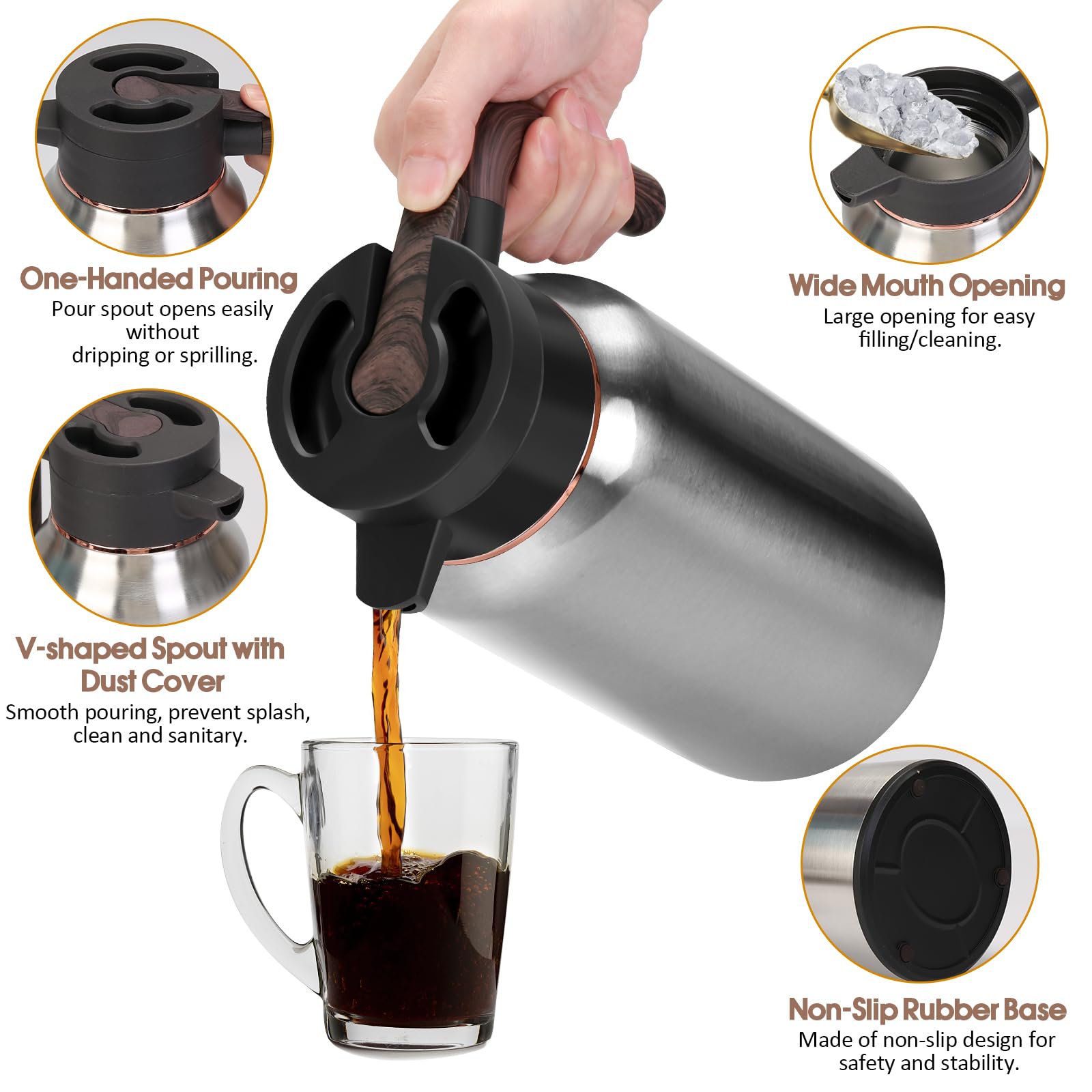 Jarra térmica de café de 68 onzas, jarras de acero inoxidable para líquidos calientes 36 horas, jarras de café aisladas para mantener el café caliente, agua caliente, té, bebidas calientes (plata)