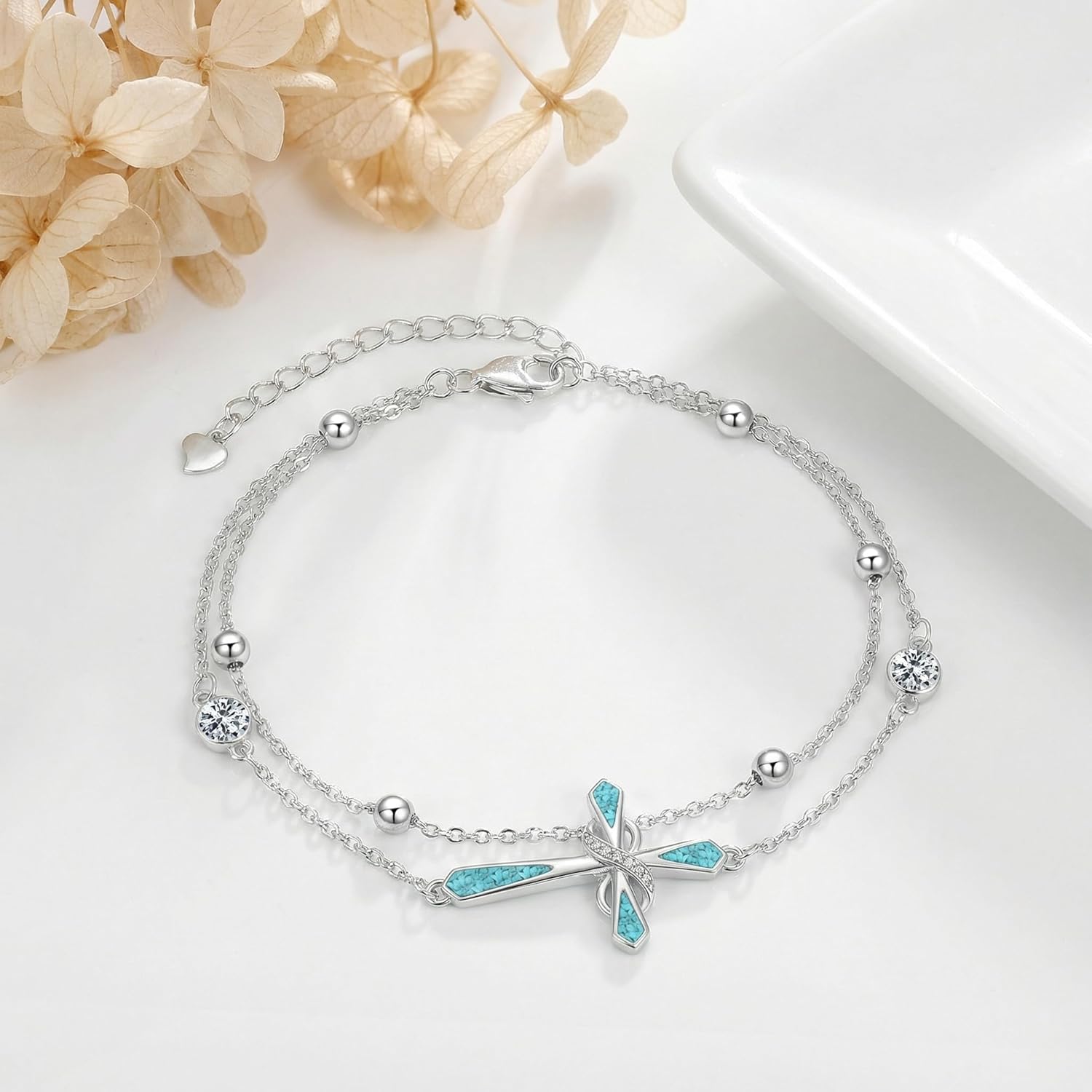 Turquoise Bracelet Sterling Silver Celtic Knot/Infinity Cross/Lighthouse/Mountain/Layered Link Adjustable Bracelets Good Luck Birthstone Jewelry for Women Mother