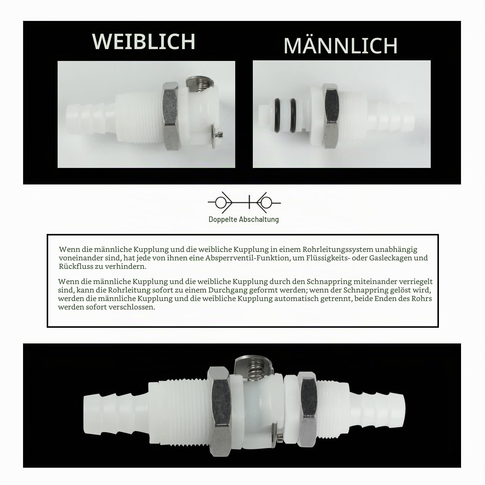1/4" 3/8" 5/16 zoll Kunststoff schlauch schnellkupplung,Panel Montage Schlauch Schnellverbinder,Bulkhead Absperrventil schnellverschluss schlauchkupplung (1* Männlich +1* Weiblich)(3/8")