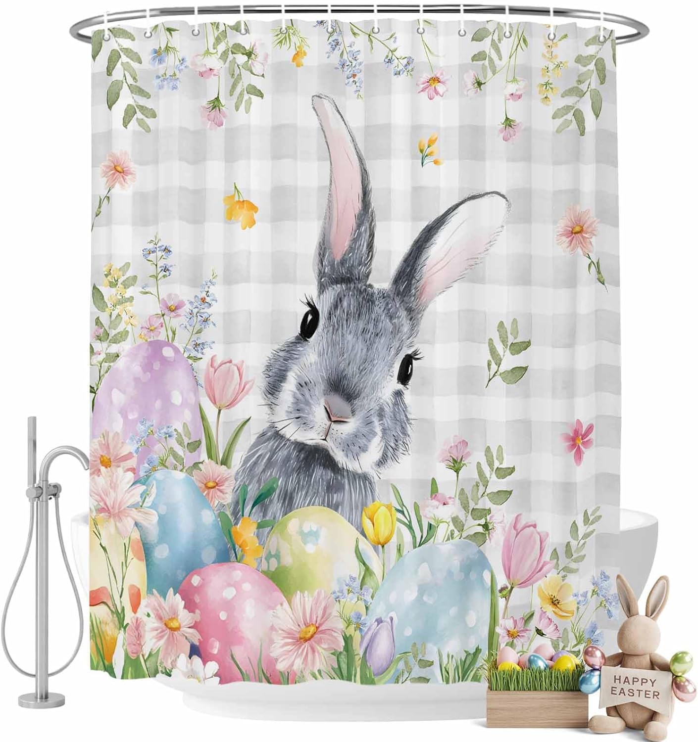 Easter Shower Curtain Bunny Easter Egg Shower Curtain Set with Hooks Flower Leaves Plant Gray Plaid Waterproof Fabric Shower Curtains for Bathroom Decor Bath Curtain 60 x 72 Inches