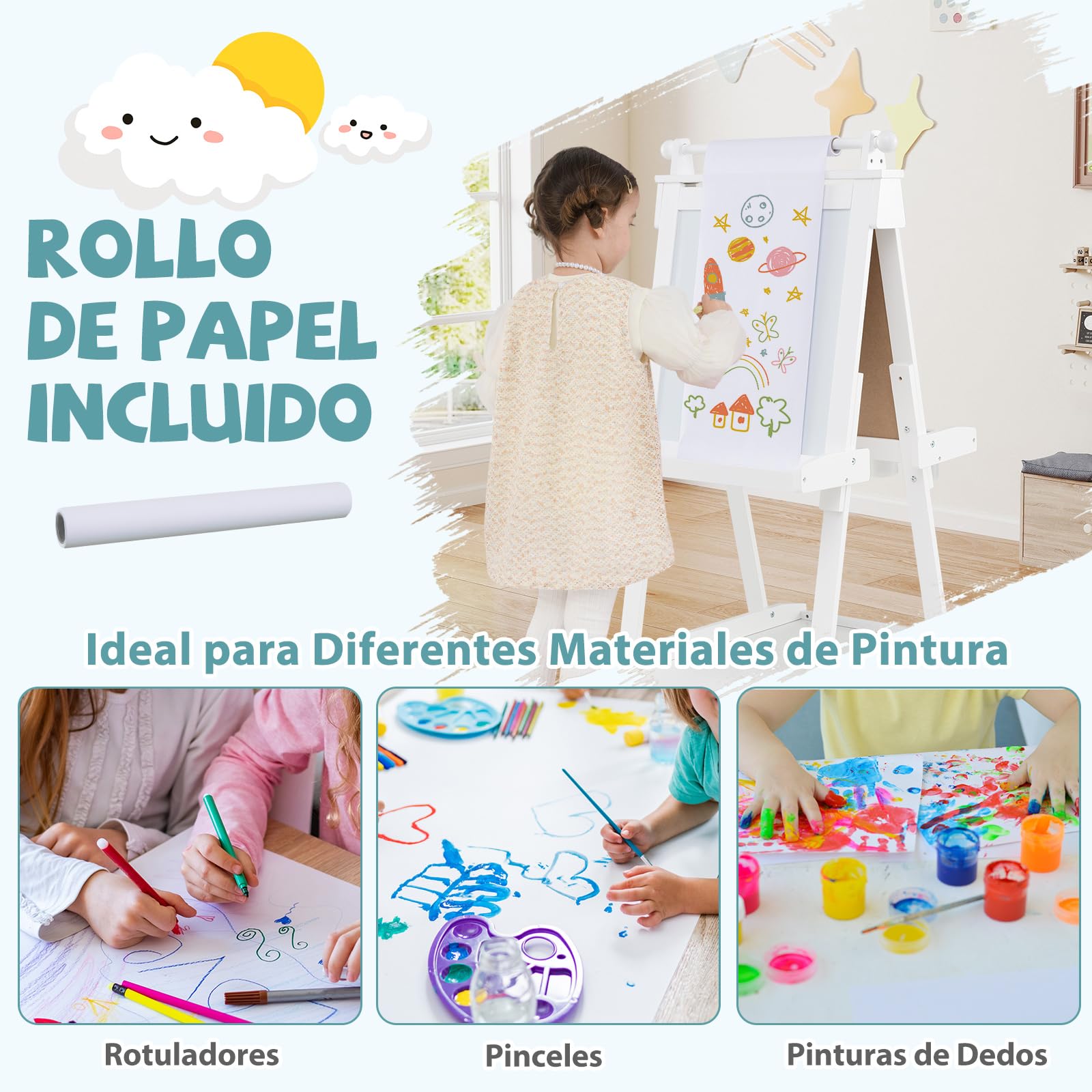 COSTWAY Caballete Plegable para Niños 3 en 1, Pizarra Infantil de Doble Cara, Pizarra Blanca y Magnética, 3 Alturas Ajustables, Rollo de Papel Reemplazable, 3 Vasos, Bandejas (Blanco)