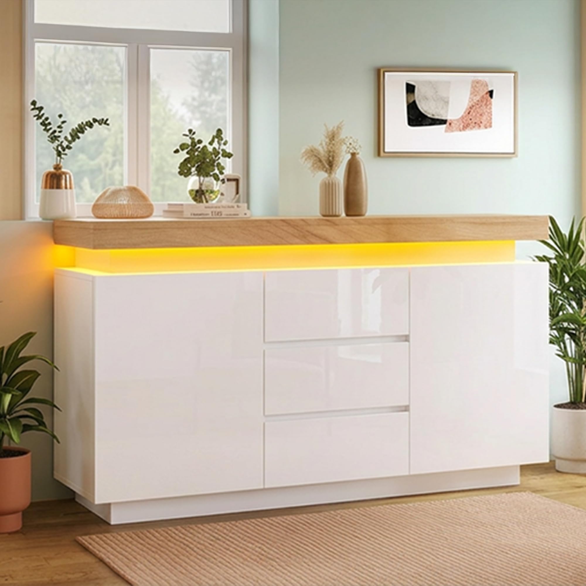 White High Gloss Sideboard with LED Lights, App-Controlled Cabinet with 2 Doors 3 Drawers, Modern Storage Unit for Living Room, Bedroom, Dining Room