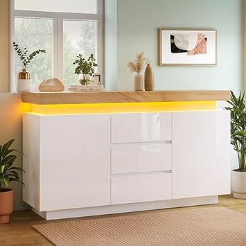 White High Gloss Sideboard with LED Lights, App-Controlled Cabinet with 2 Doors 3 Drawers, Modern Storage Unit for Living Room, Bedroom, Dining Room