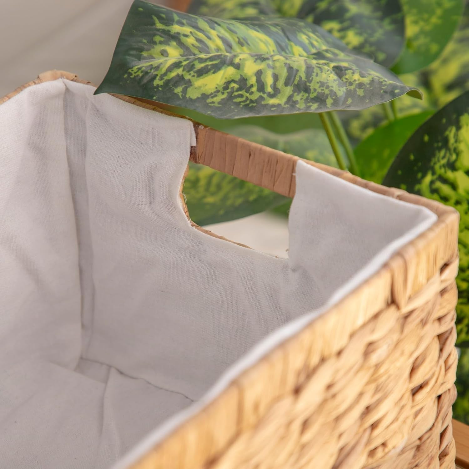 Water Hyacinth Storage Basket for Organizing,Large Wicker Basket Rectangular Bins with Liners, 14.5x10x7Inches Built-in Handles, 1 Pack.