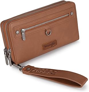 Montana West X Wrangler Brown Wallet for Women Large Capacity Double Zipper Pocket Wallet with Rfid Blocking Oversized Clutch For Ladies Female