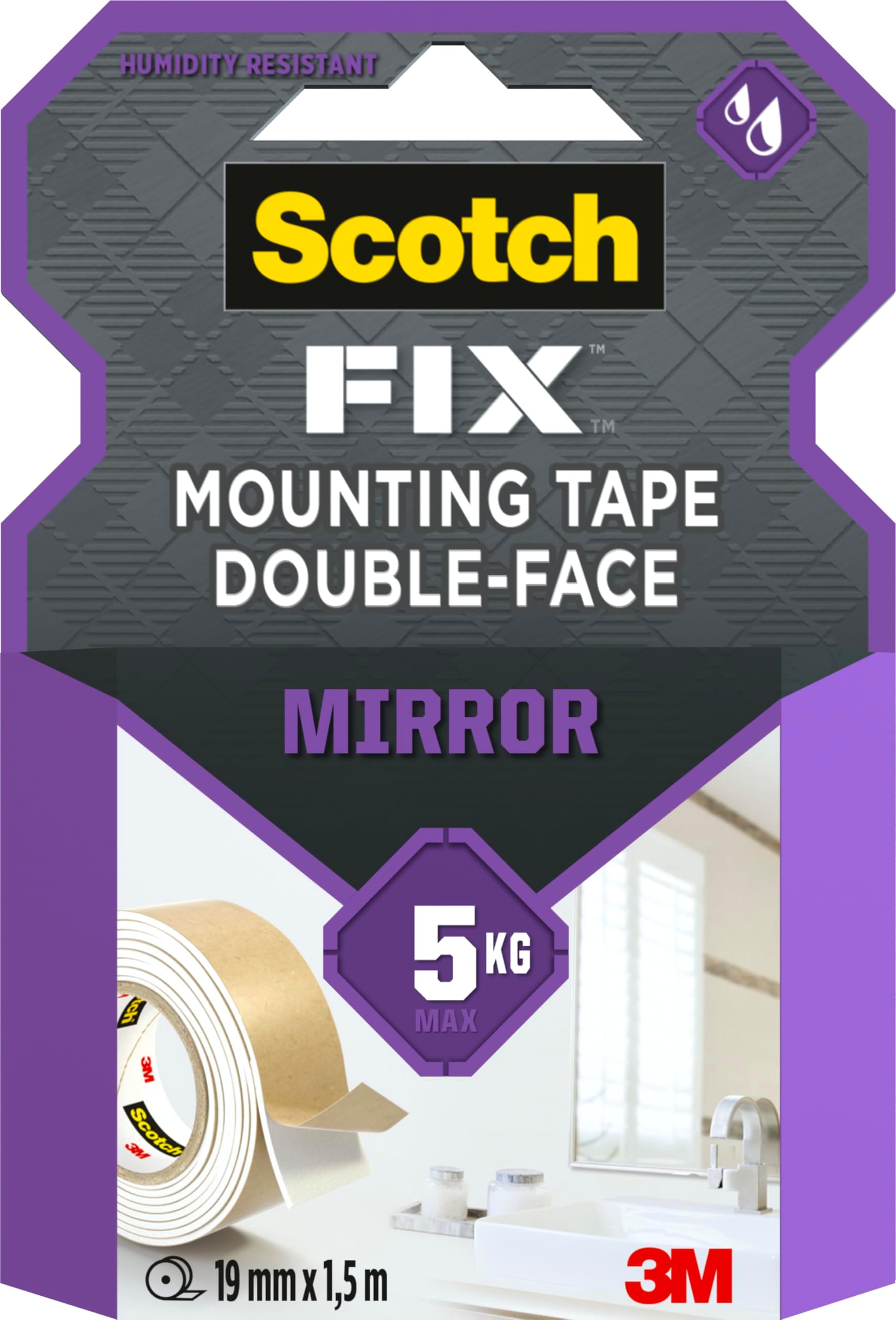 Scotch-Fix Mirror Mounting Tape - Double Sided Moisture Resistant Foam Tape for Bathroom and Kitchen - 1 Roll (19mm x 1.5m) - Holds up to 5kg - For Glass, Tiles & Metal