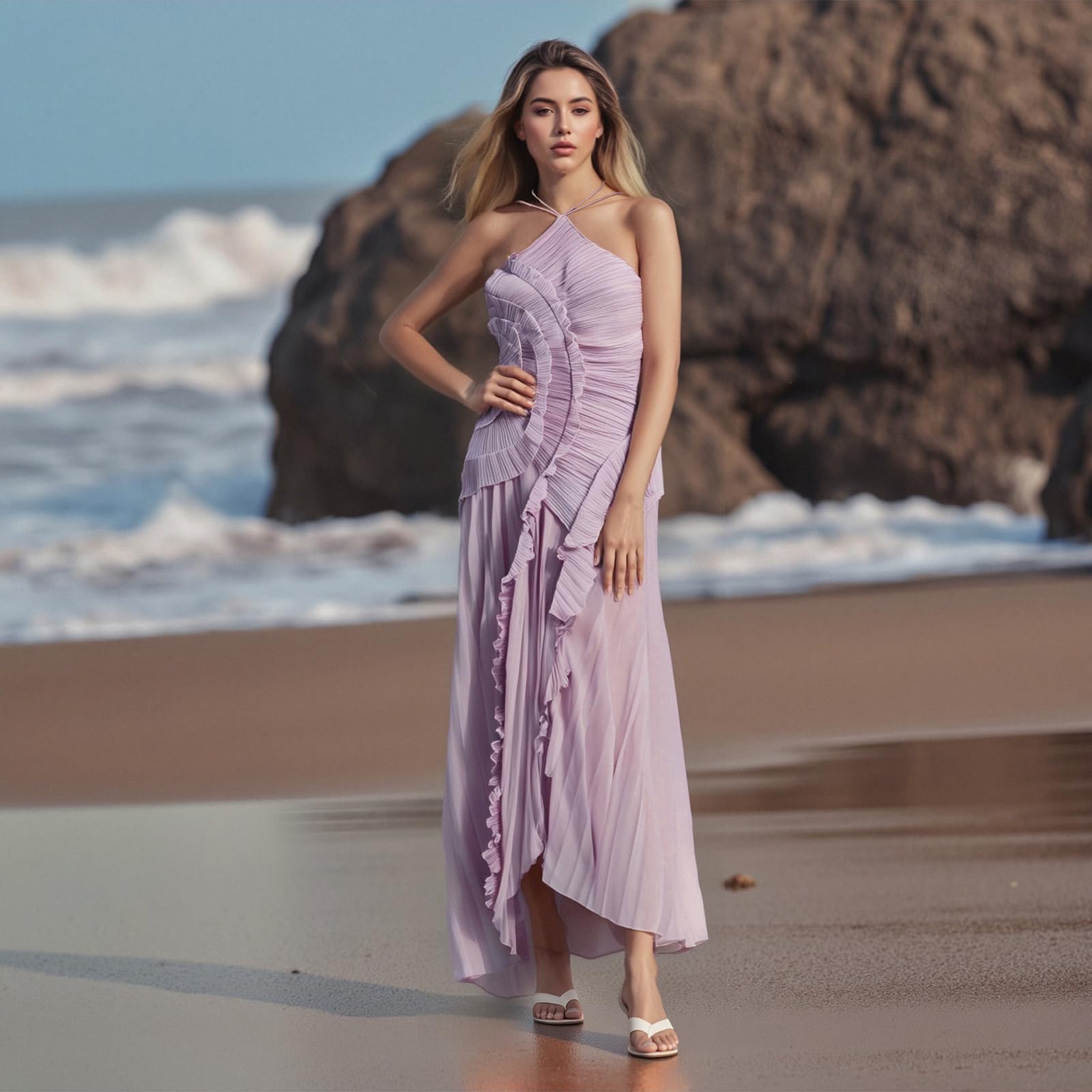 Vestido largo plisado con volantes para mujer, sin mangas, cuello halter, irregular, plisado, de gasa, para invitados de boda