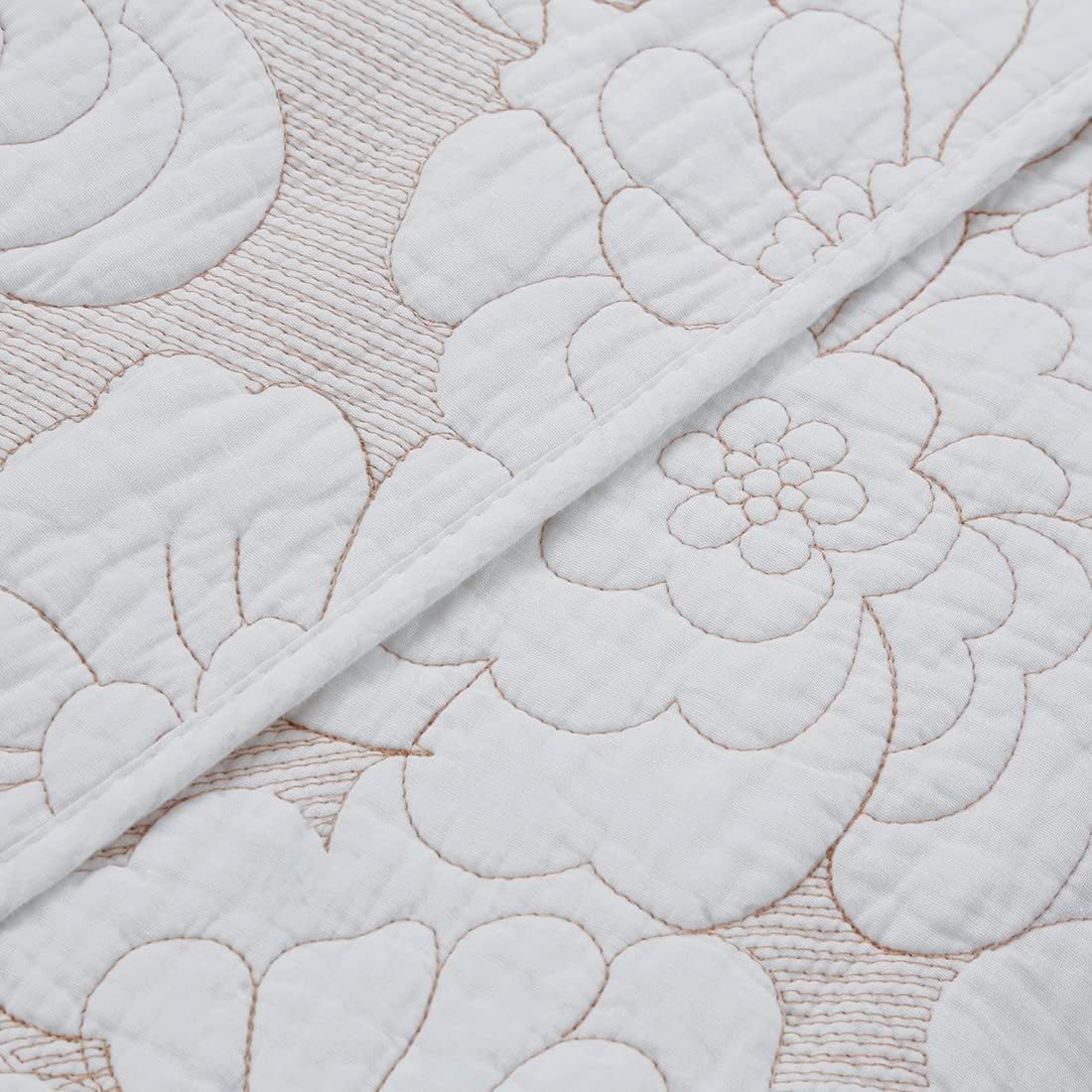 vctops 3-Piece Bohemian Floral Embroidered Quilted Bedspread Quilt Set Country Farmhouse Oversized Coverlet Set Queen Size White Gold