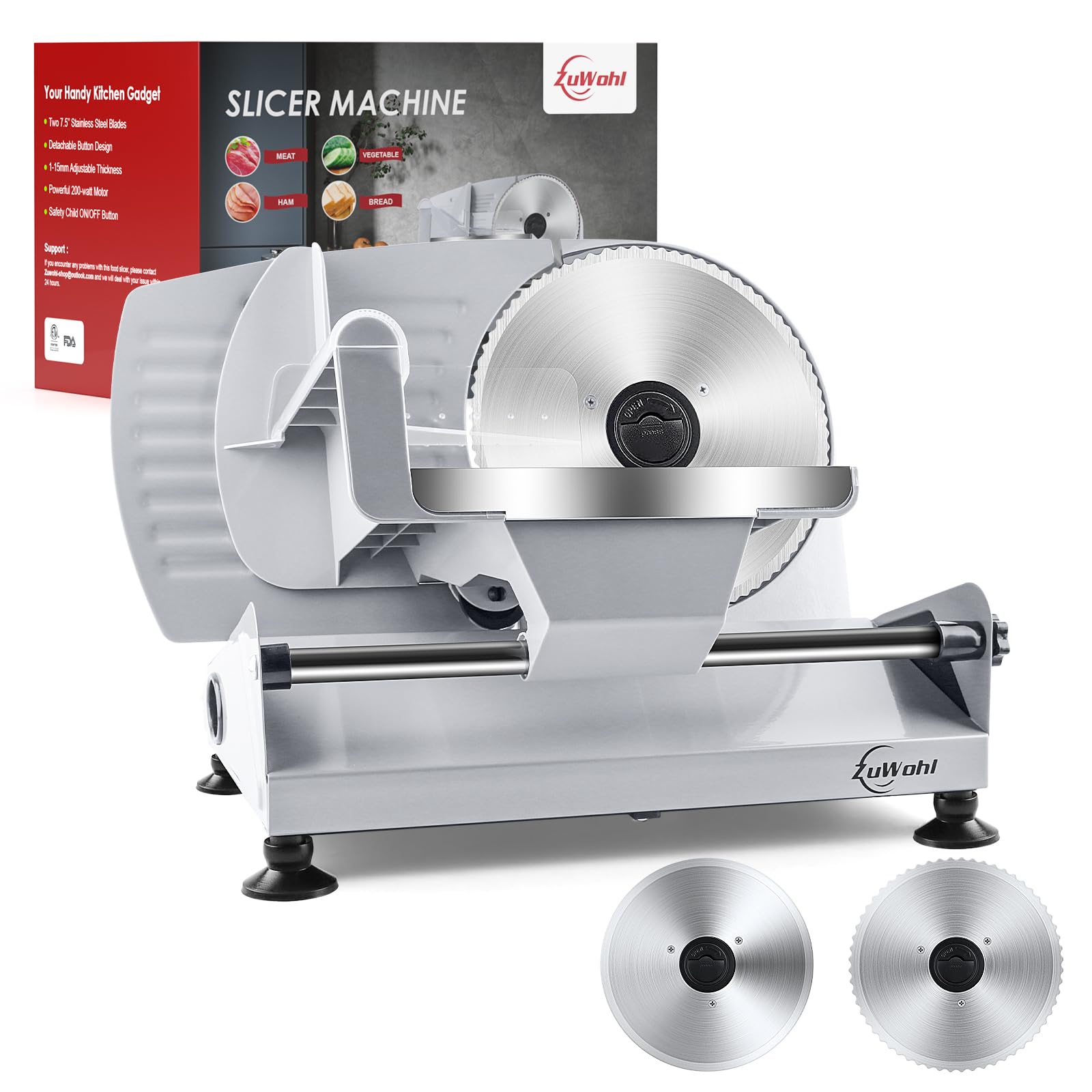 200Watt Elektrischer Allesschneider Edelstahl - Verstellbare Küchenmaschine 0 bis 15mm - 2 Klingen - Wurstschneidemaschine - Brotschneidemaschine, Schinkenschneider (200Watt+Silber+2Klingen)