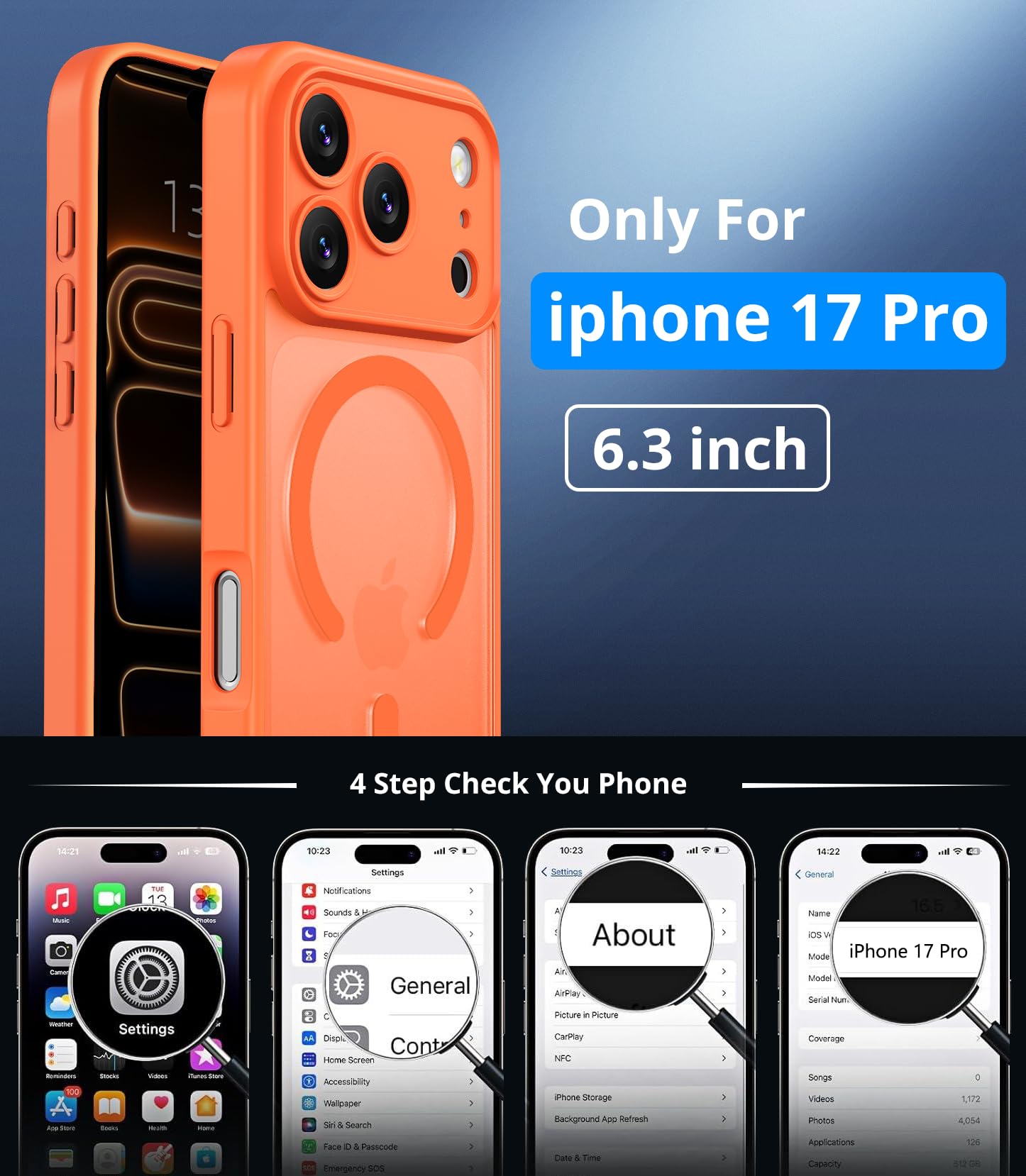 Vansdon Cover Magnetica per iPhone 17 Pro con 1 Pezzi Vetro Temperato, Compatibile con Magsafe, Protezione anticaduta di livello militare, Custodia Traslucida Opaca Sottile Antiurto-Arancia