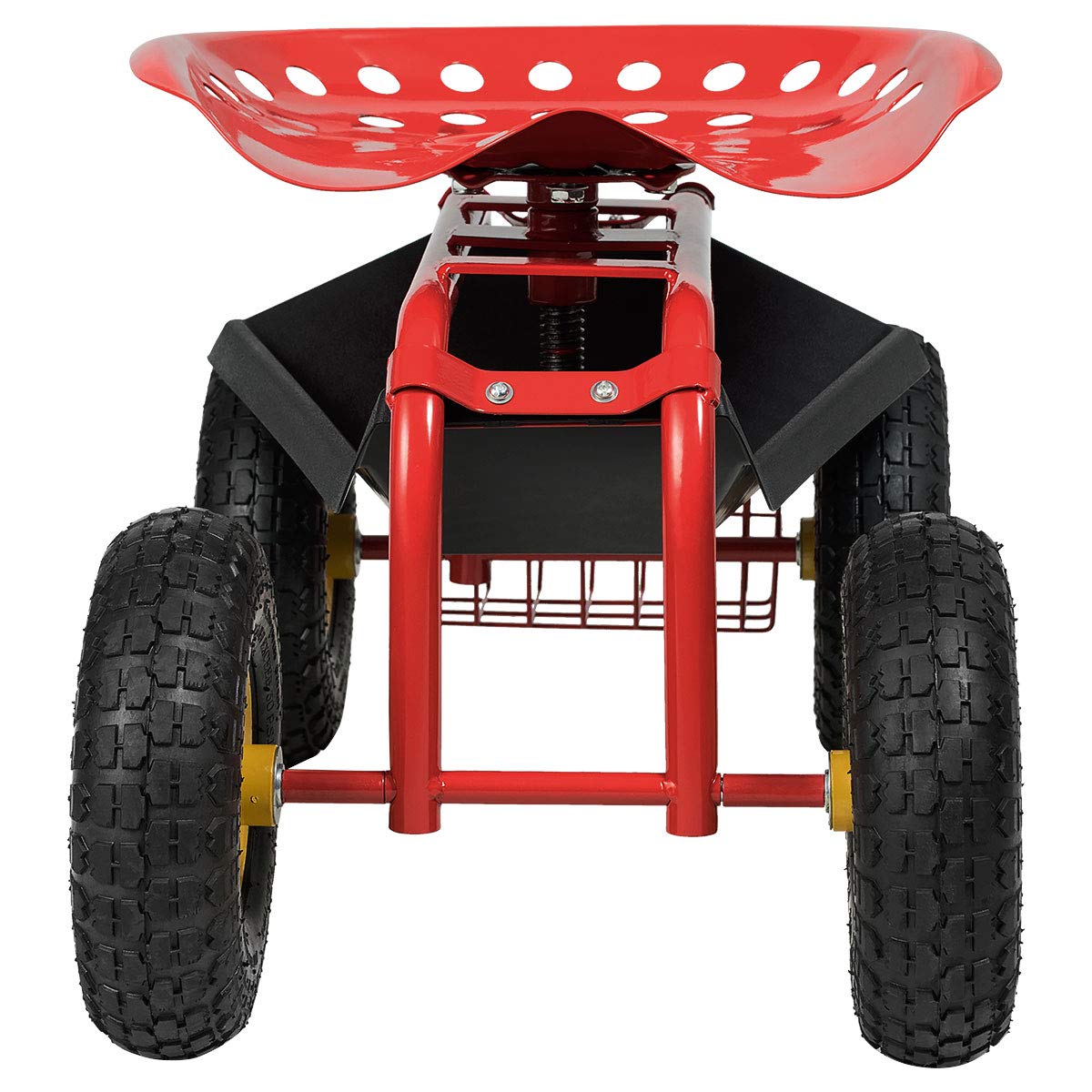 RELAX4LIFE Asiento con ruedas con estante y cesta, asiento de jardín con 4 ruedas, asiento de jardín giratorio 360 ° y altura ajustable 46 – 53 cm, asiento de trabajo móvil, soporta hasta 150 kg, para