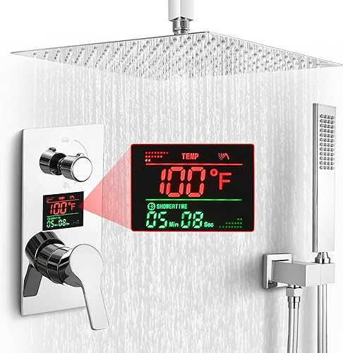Miniatura 12 de SKOWLL Sistema de ducha de techo con cabezal de ducha digital, juego de grifo de ducha de 12 pulgadas con válvula de pantalla LCD de 2 funciones
