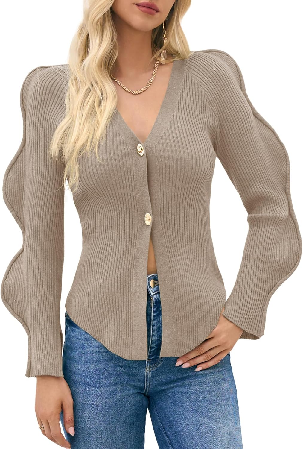 Saodimallsu Womens Button Up Cardigans V Neck Ribbed Knit Fitted Sweaters Long Sleeve Trendy Split Going Out Tops