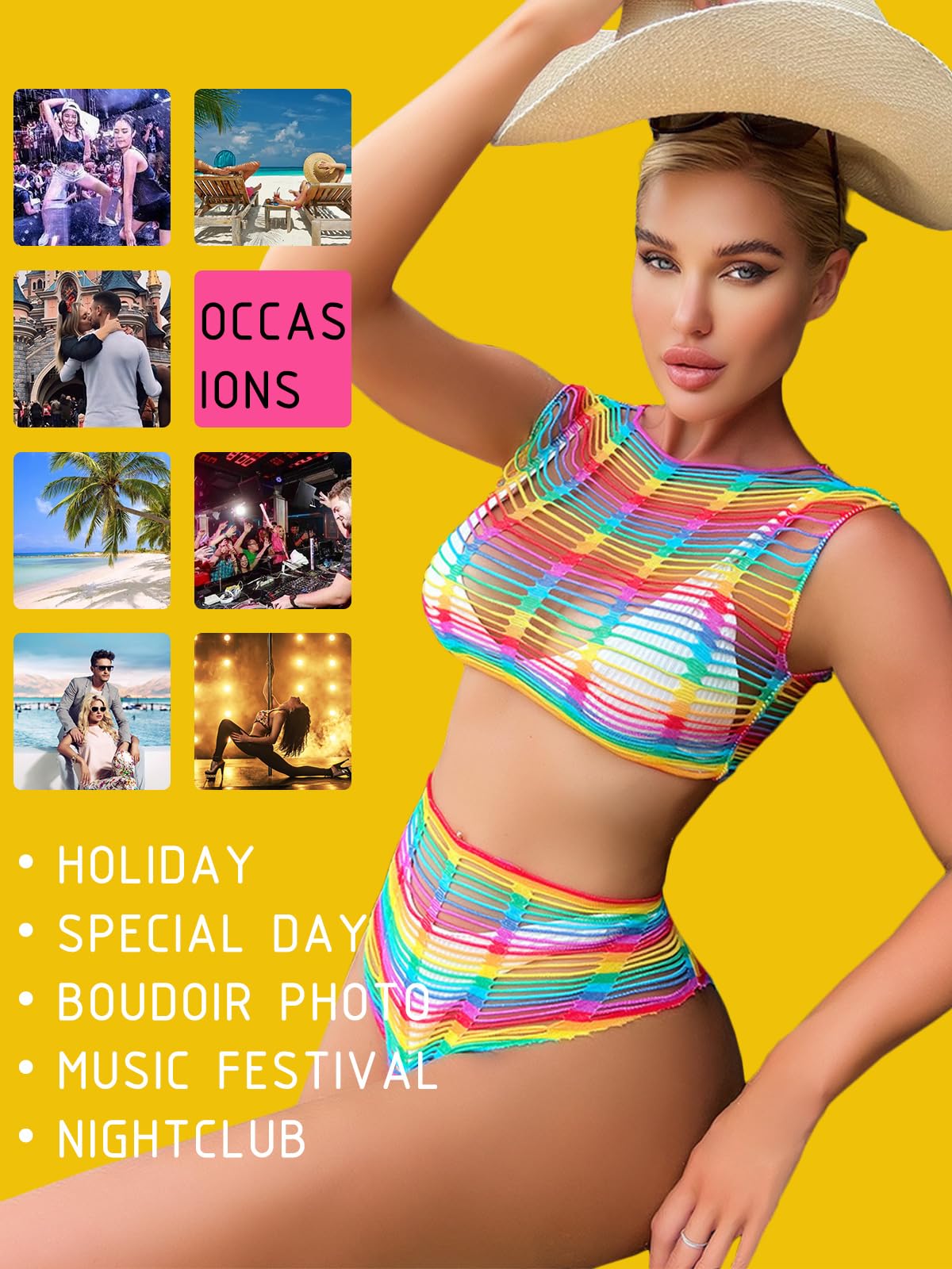 FasiCat Women's Mesh Lingerie Fishnet Babydoll Mini Dress Bodysuit See Through Shirts Long Sleeves Lingerie Bodysuit Cover Up: Rainbow1105