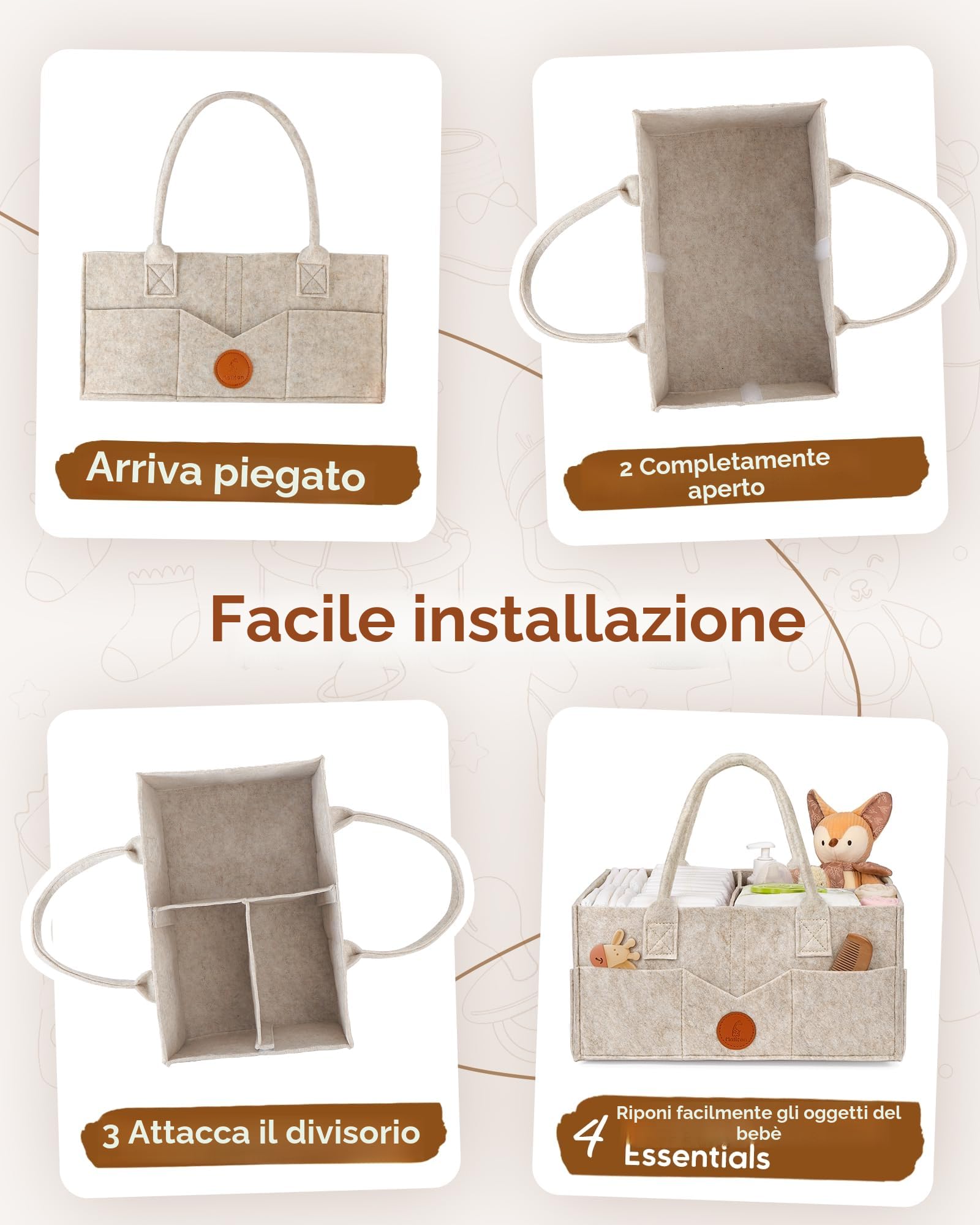 Maliton Organizer Fasciatoio per Neonati, Cestino Porta Pannolini, con Scomparti Rimovibili, Borsa per Pannolini come baby shower, Cachi