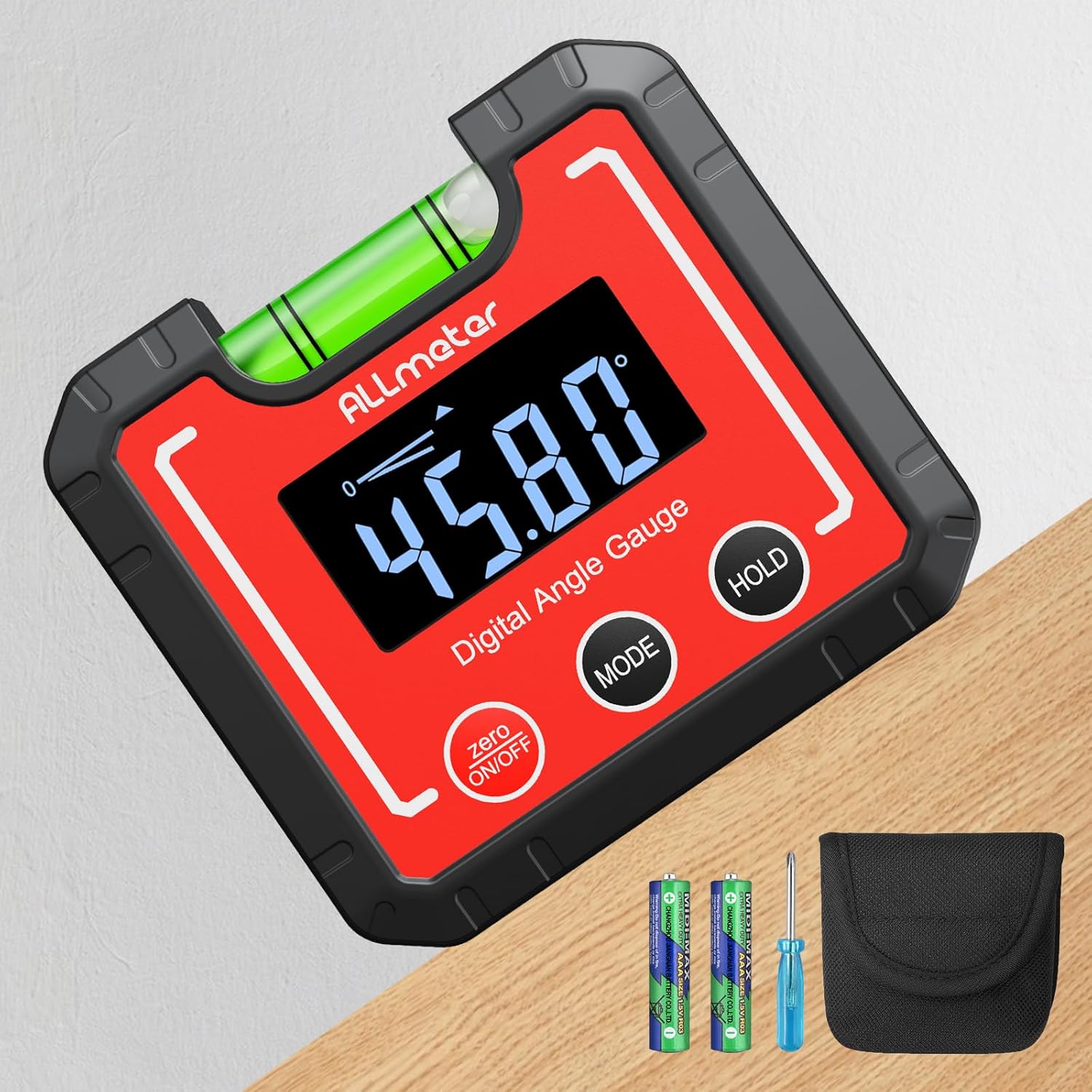 Four panels showing the digital angle gauge displaying measurements in different units: degrees, percentage, mm/m, and in/ft.