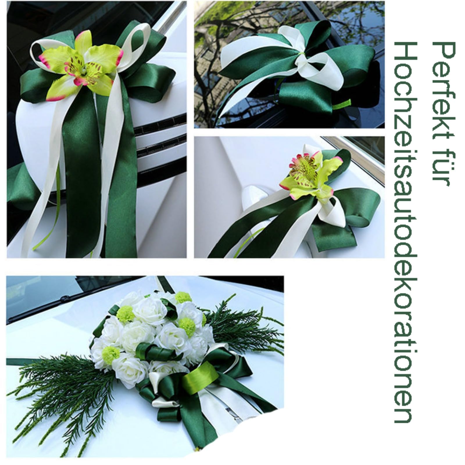 12 Stück Set Hochzeit Autoschmuck, Hochzeit Autoschleifen mit Saugnäpfen, Rückspiegel Türgriff Motorhaube Künstliche Blume für Hochzeit Empfang Zeremonie (Grün)