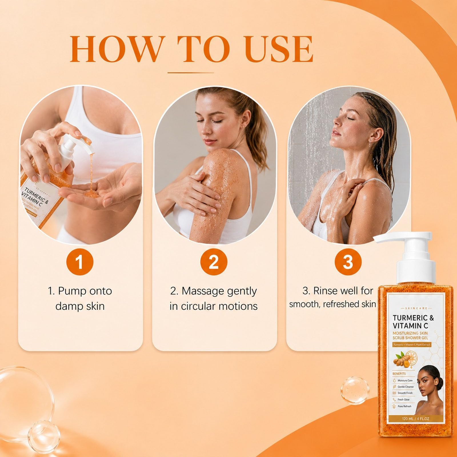 Turmeric Vitamin C Hydrating Body Wash, Kurkuma Duschgel, Strahlendem Teint, duschgel langanhaltender duft - Sanftes Körperpeeling gegen Trockenheit - 120 ml (3 PCS)