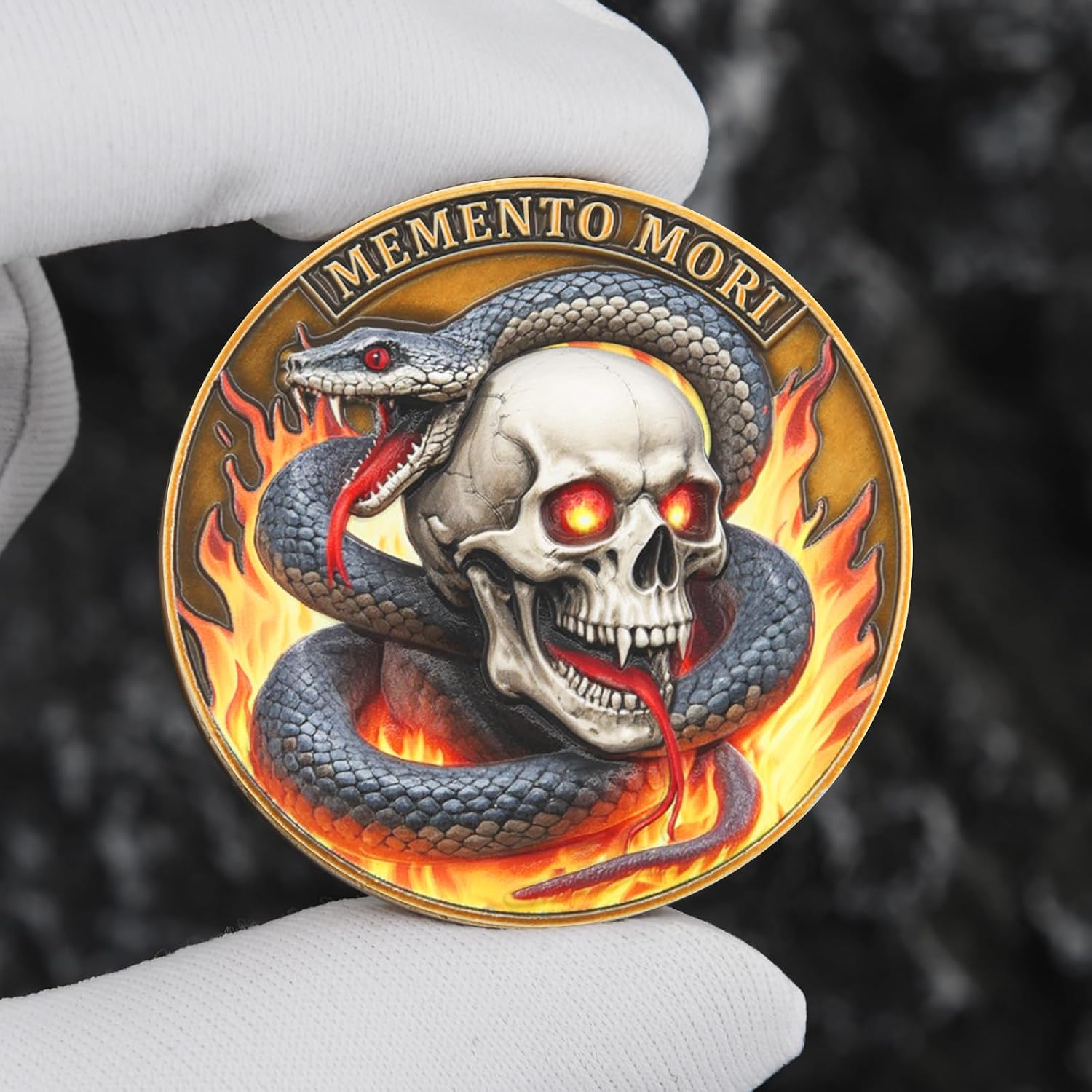 Memento Mori & Memento Vivere Challenge Coin – Hourglass and Skull Snake Design – A Thought-Provoking Reminder to Live Fully