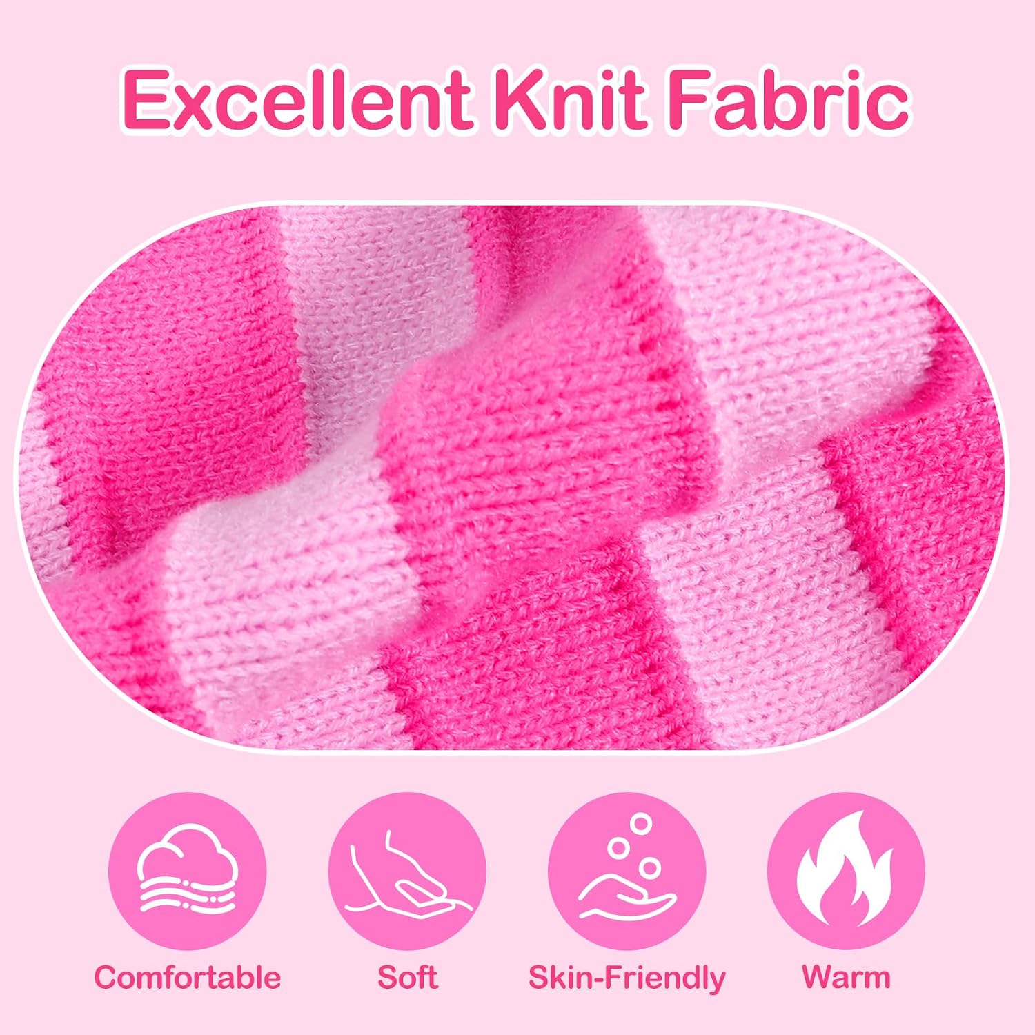 Kids Pink Striped Winter Beanie Hat with Ear Flaps, Warm Knit Skull Cap with Tie Straps, Cute Cold Weather Hat for Girls Ages 3-8