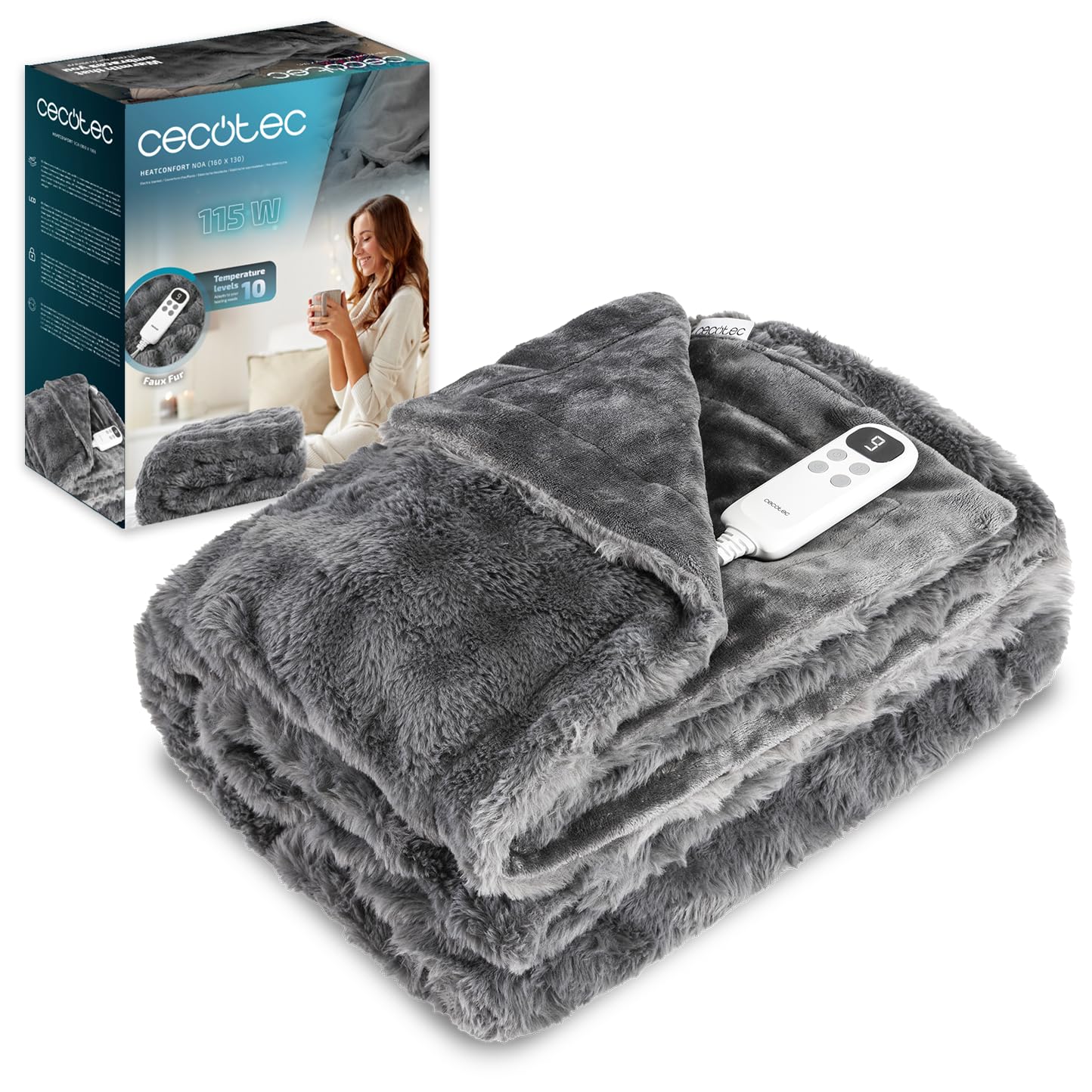 Cecotec Manta Eléctrica 160x130cm HeatConfort Noa (160 x 130). 115W, 10 Niveles de Temperatura Ajustables, Controlador LCD Extraíble, Temporizador con Apagado Automático, PTC+ Tecnología NTC